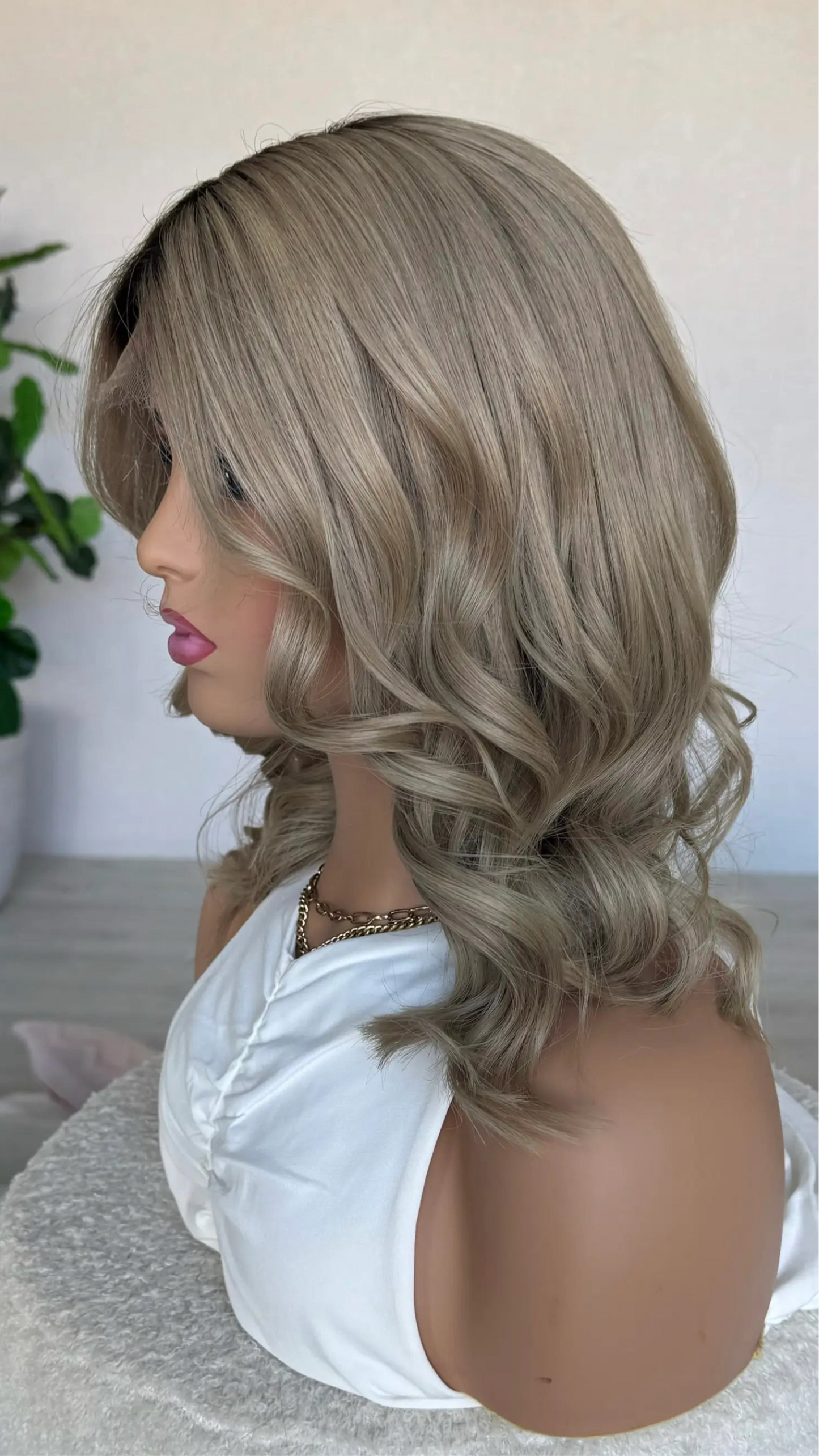 Ash Brunette with Dark Shadow root – 16" Human Hair Lace Front Wig- Colour: Brooklyn