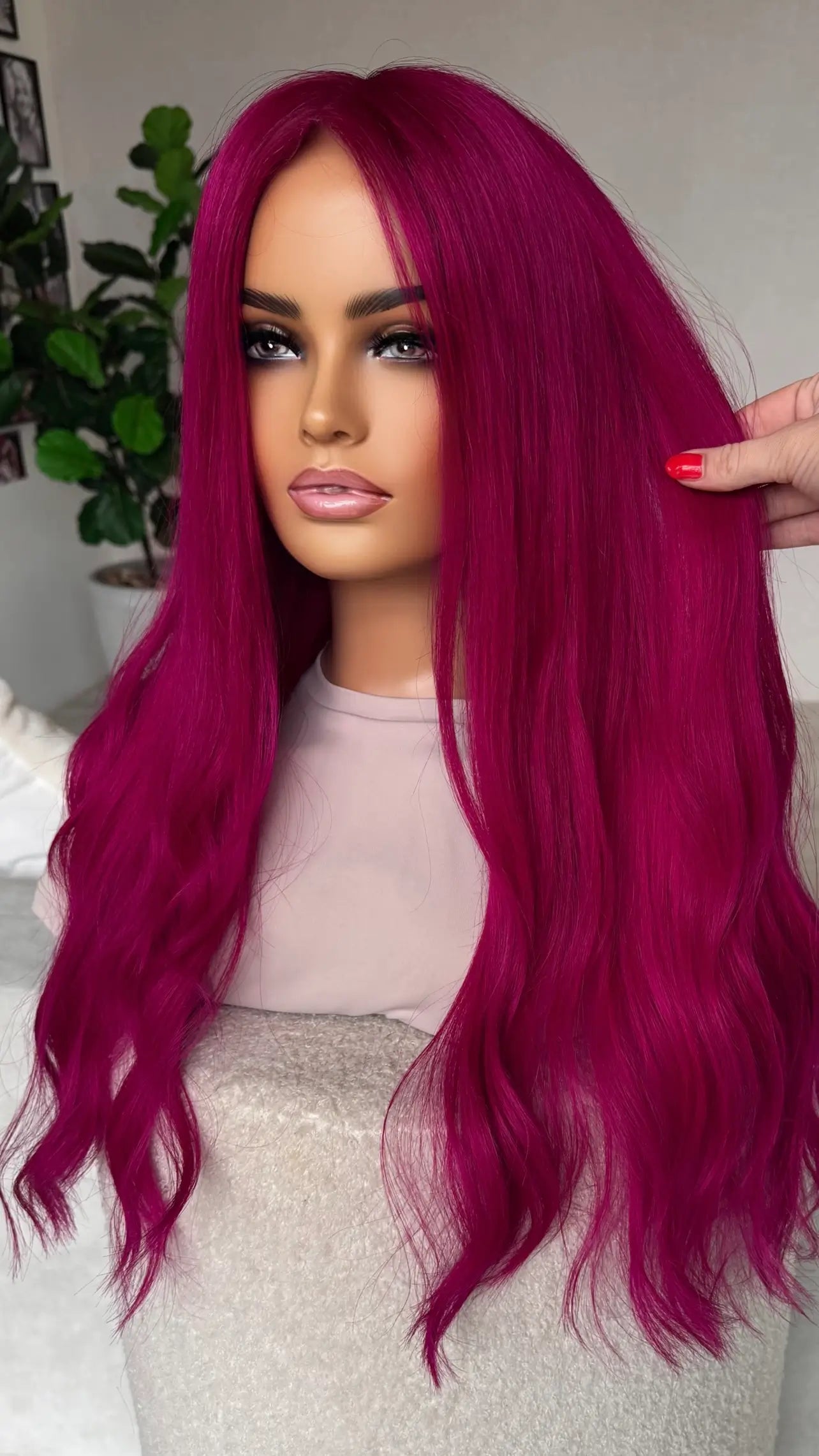 holding the long pink hair, full lace wig, australia.