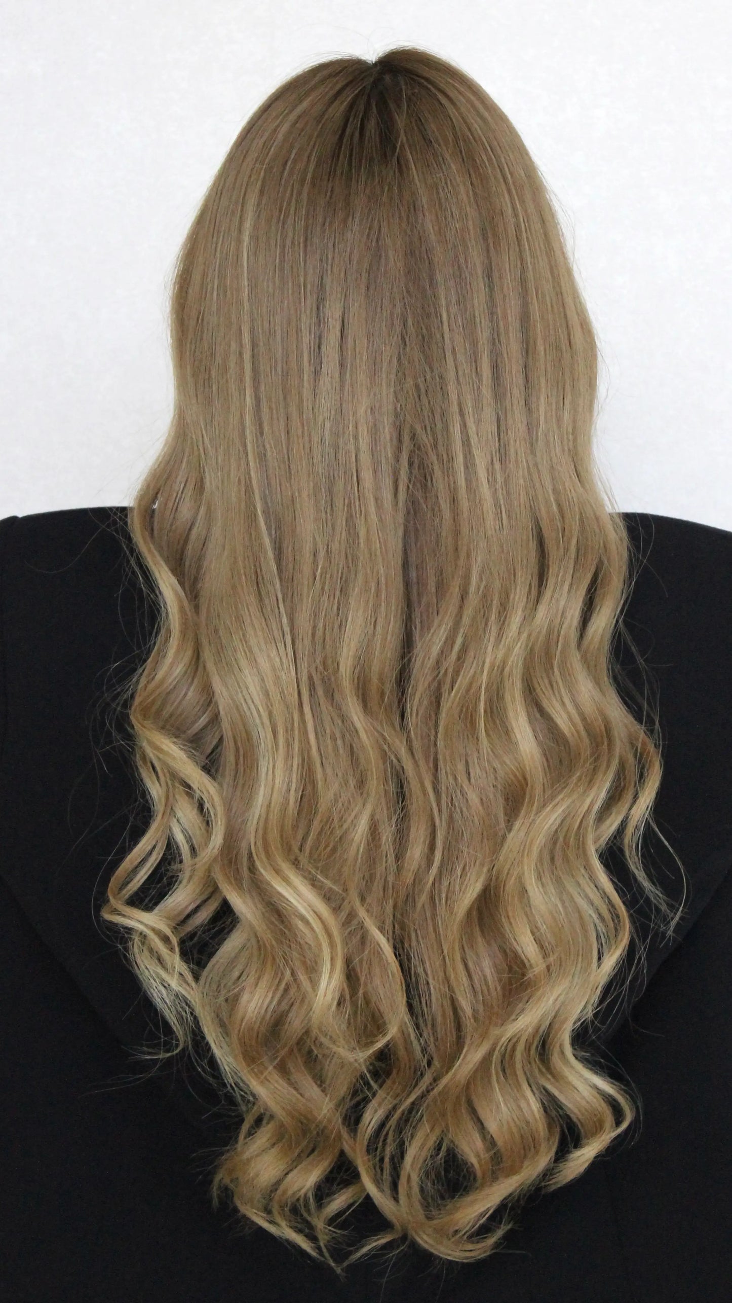 from behind, long dark blonde hair with root, human hair wig australia, lacefront wig.