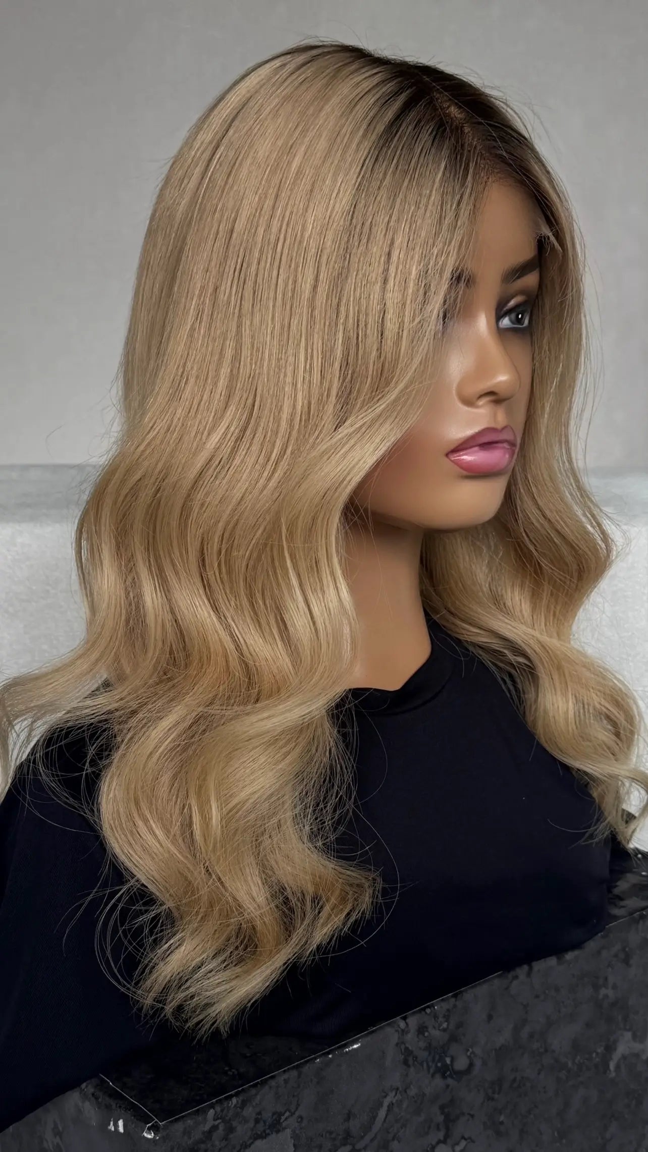 golden blonde hair, side on view, natural hair wig.
