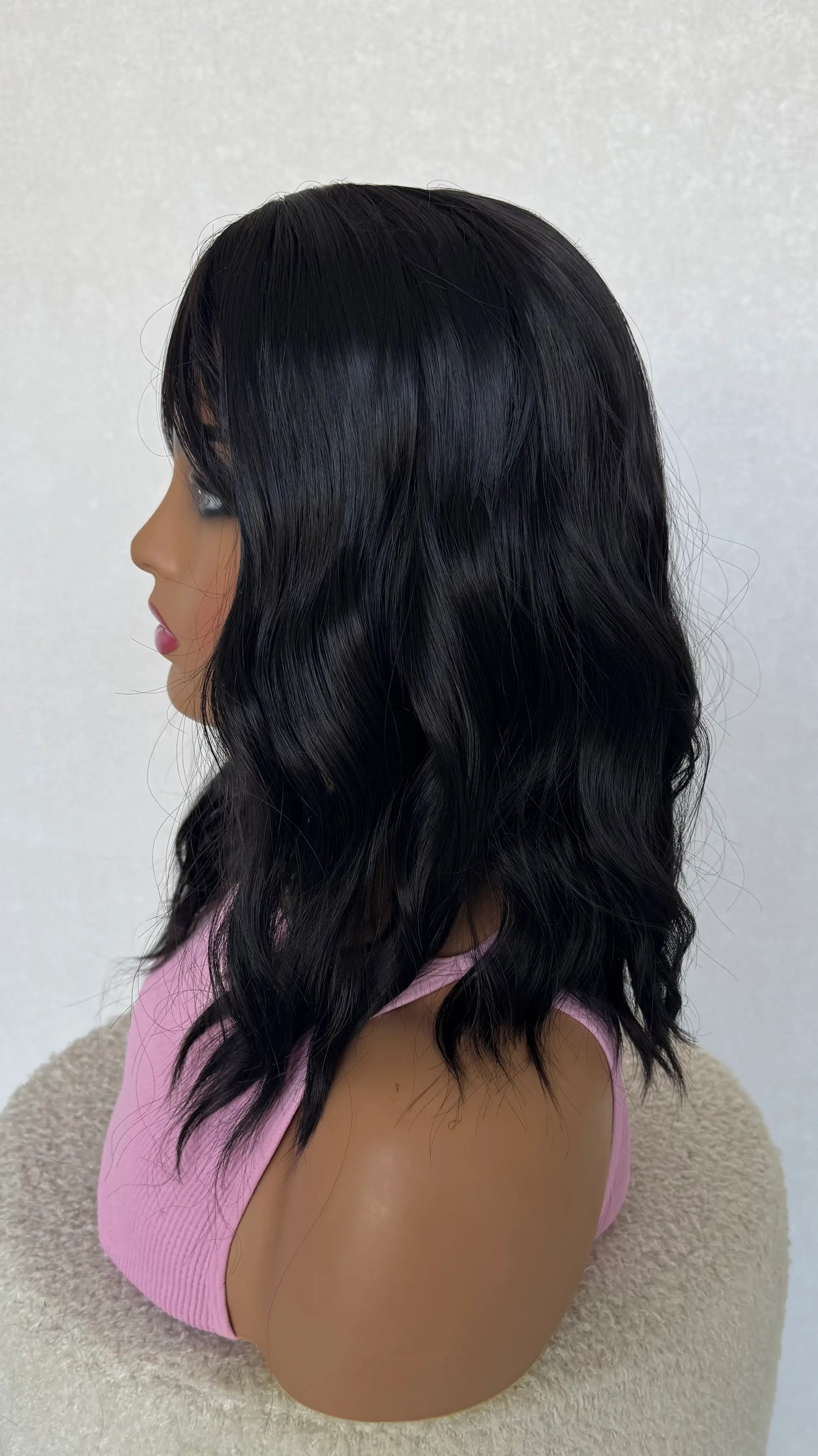 jett wavy black fringe wig, 16 inch length
