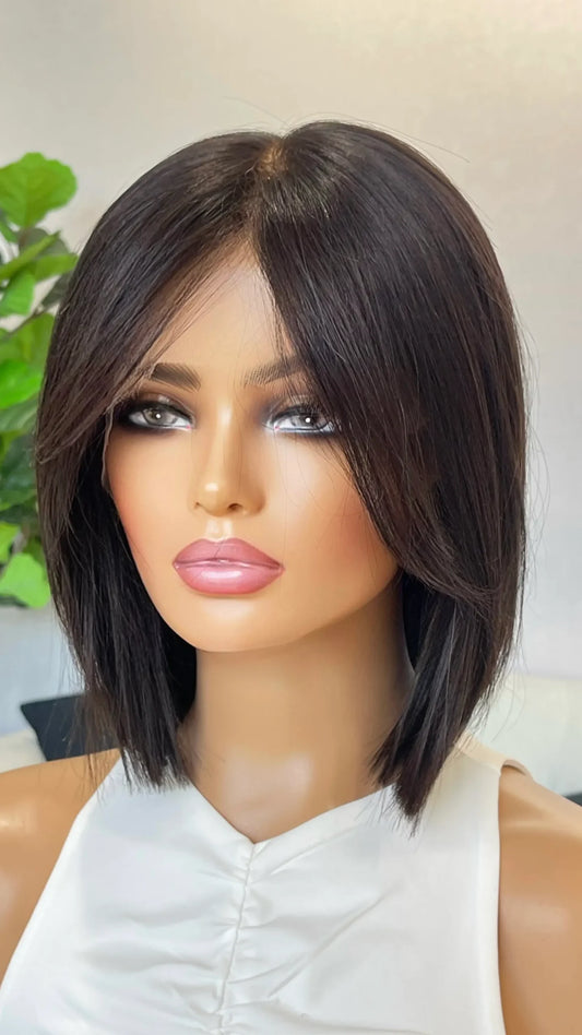 Natural Black with Curtain Bangs - 12" Human Hair Lace Front Wig- Colour: Koko