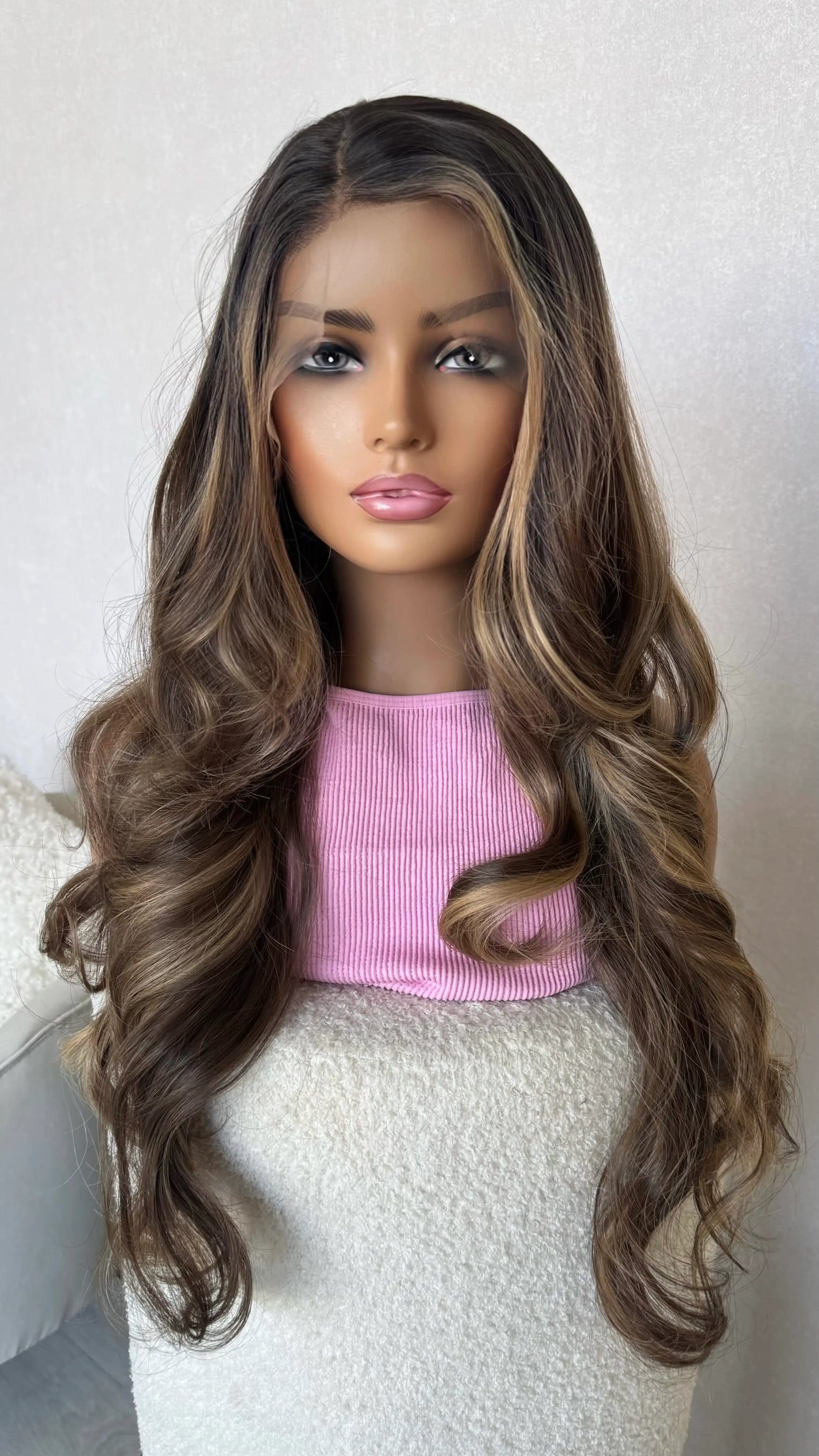 lacefront synthetic dark brown with highlights, heat safe synthetic wig. australia wigs.