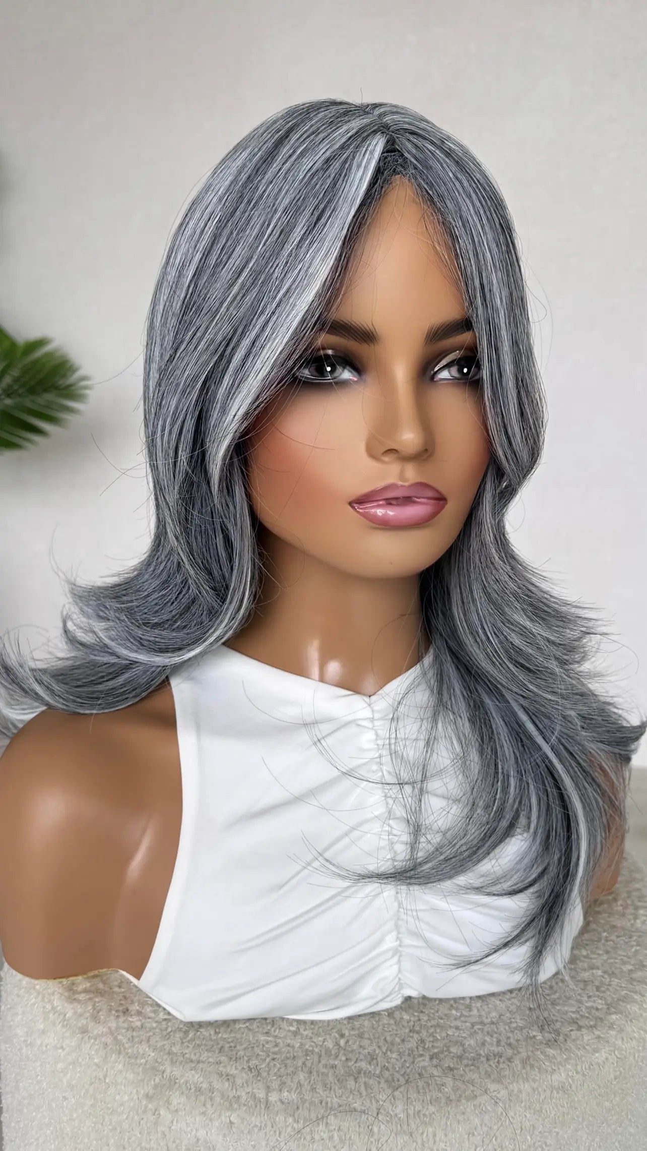 Salt and Pepper with Curtain Bangs Luxe Synthetic Wig -Skyla