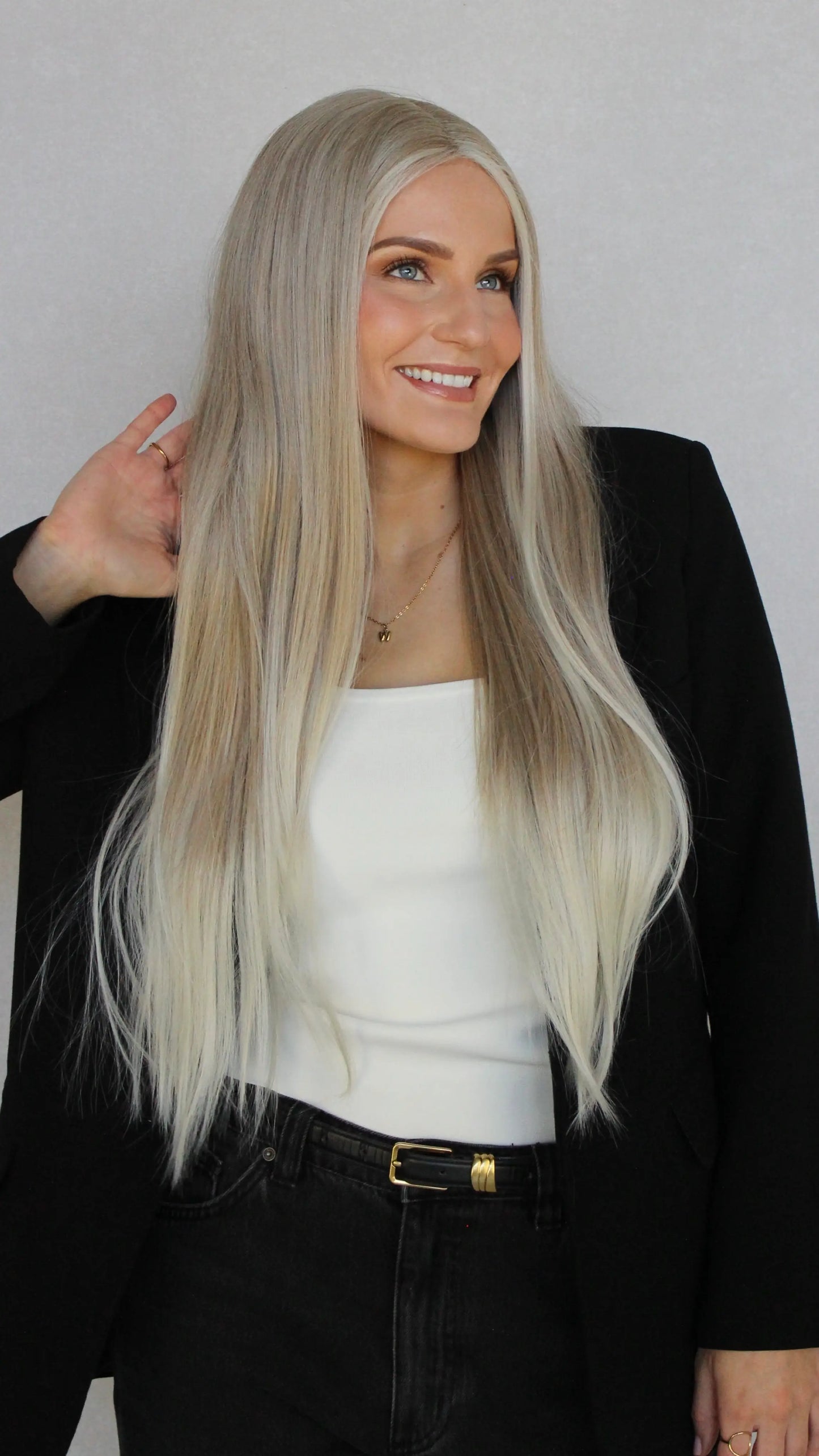 heat safe hair synthetic wig, middle part, white blonde hair.