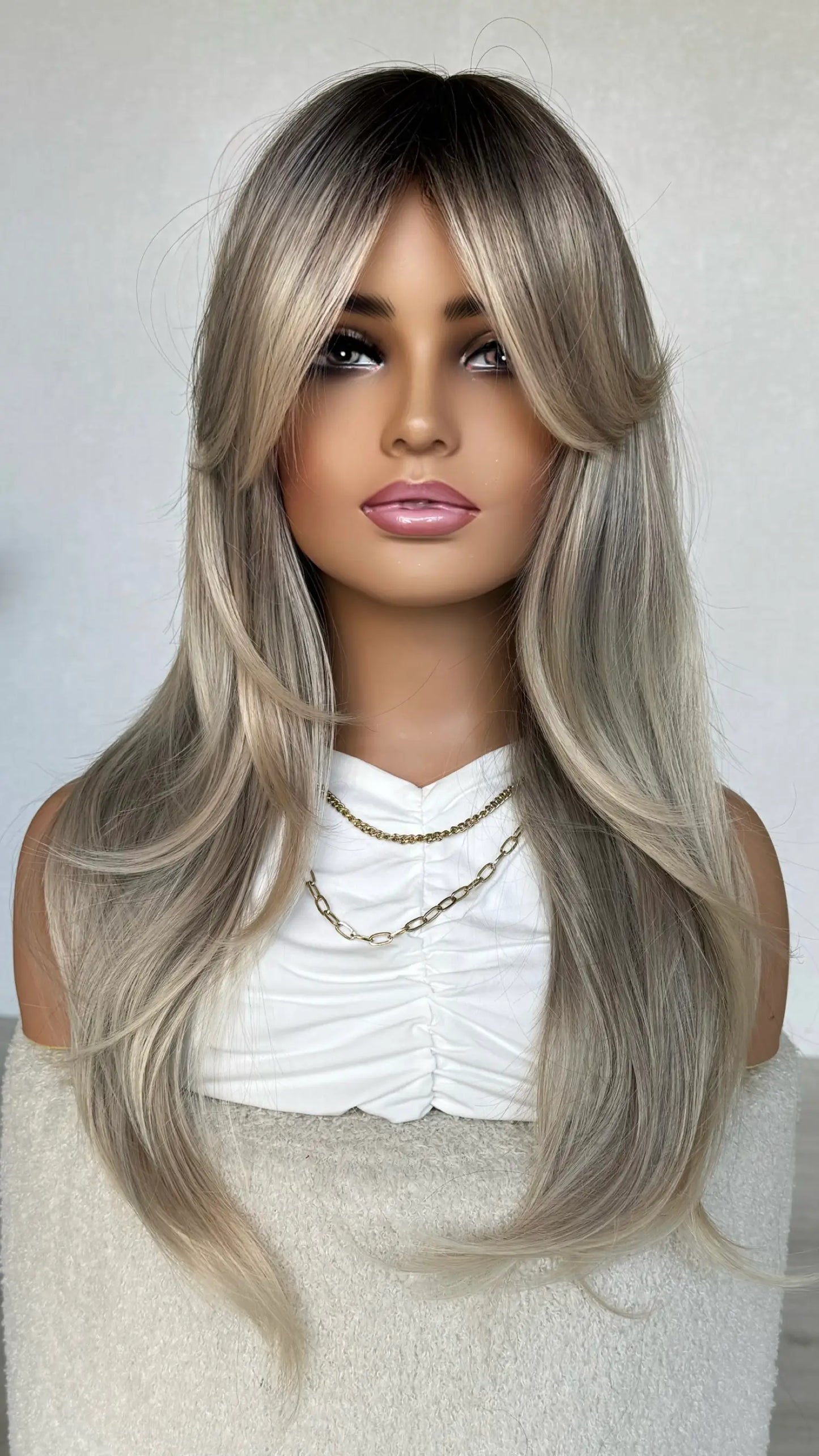ash blonde with darker root and curtain bangs synthetic wig australia.