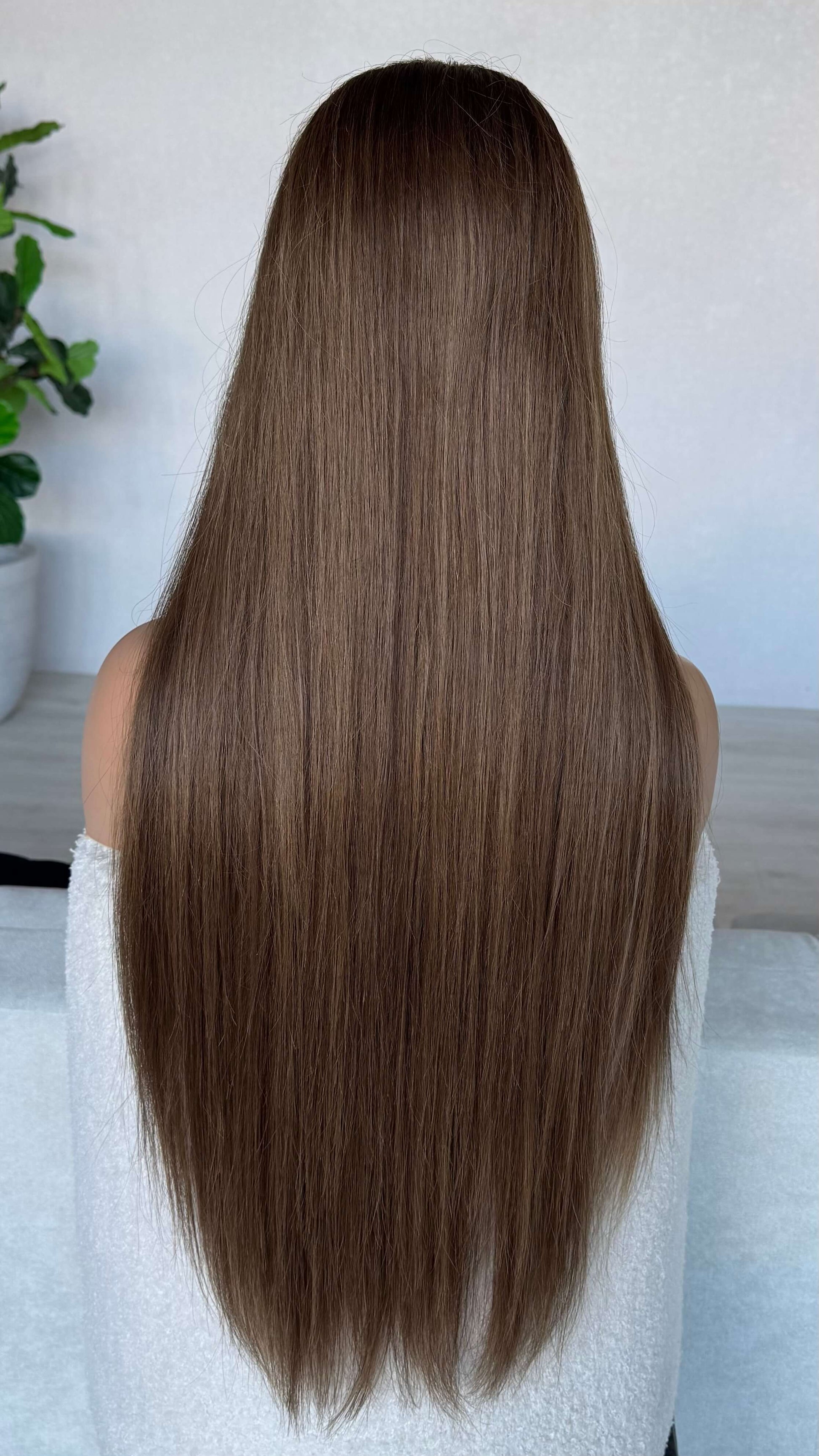 back view 28 inch 
long brunette silky hair