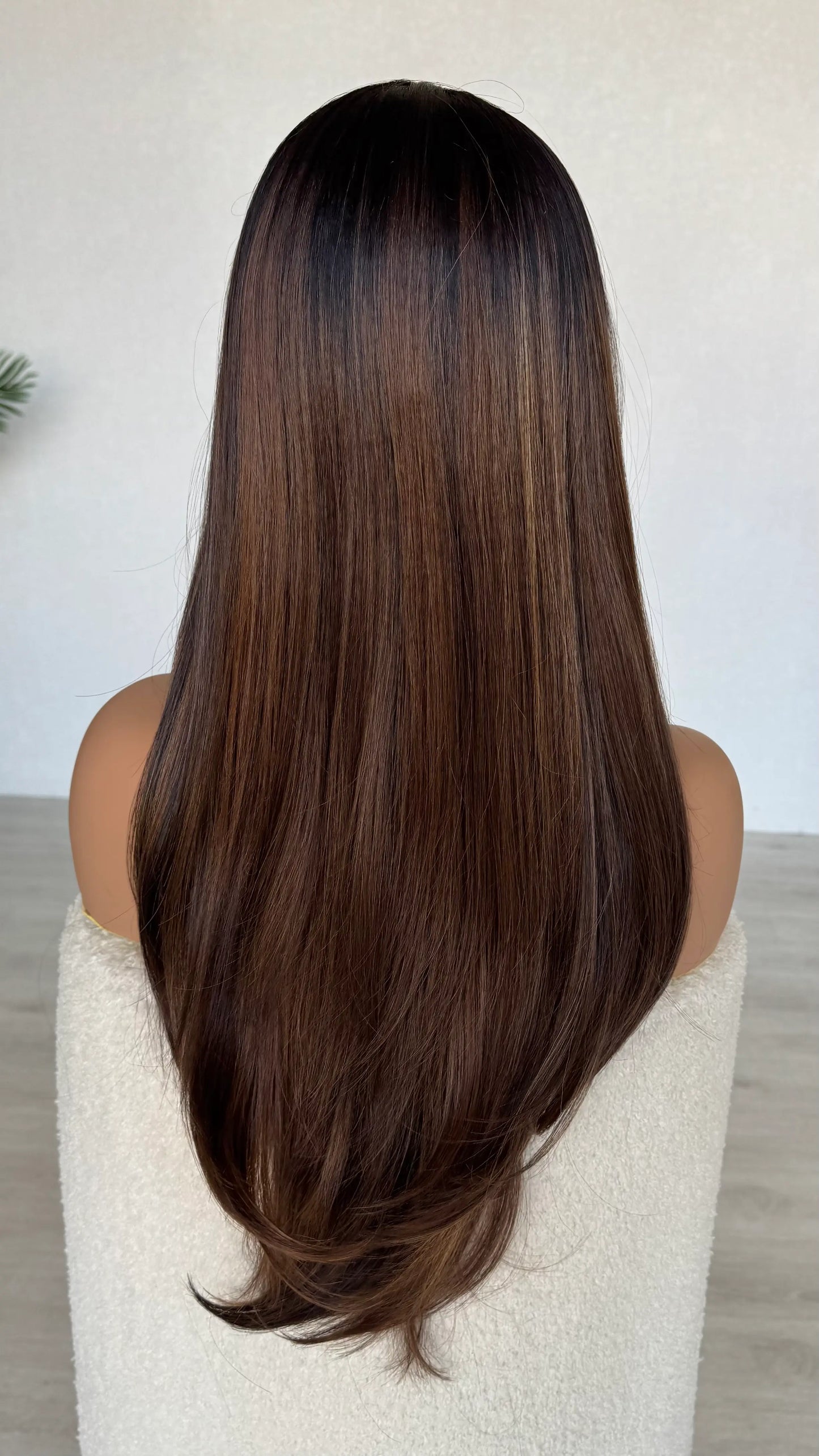 back view, long straight hair, brunette ombre, dark root to warm copper brown. layered lacefront wig australia.