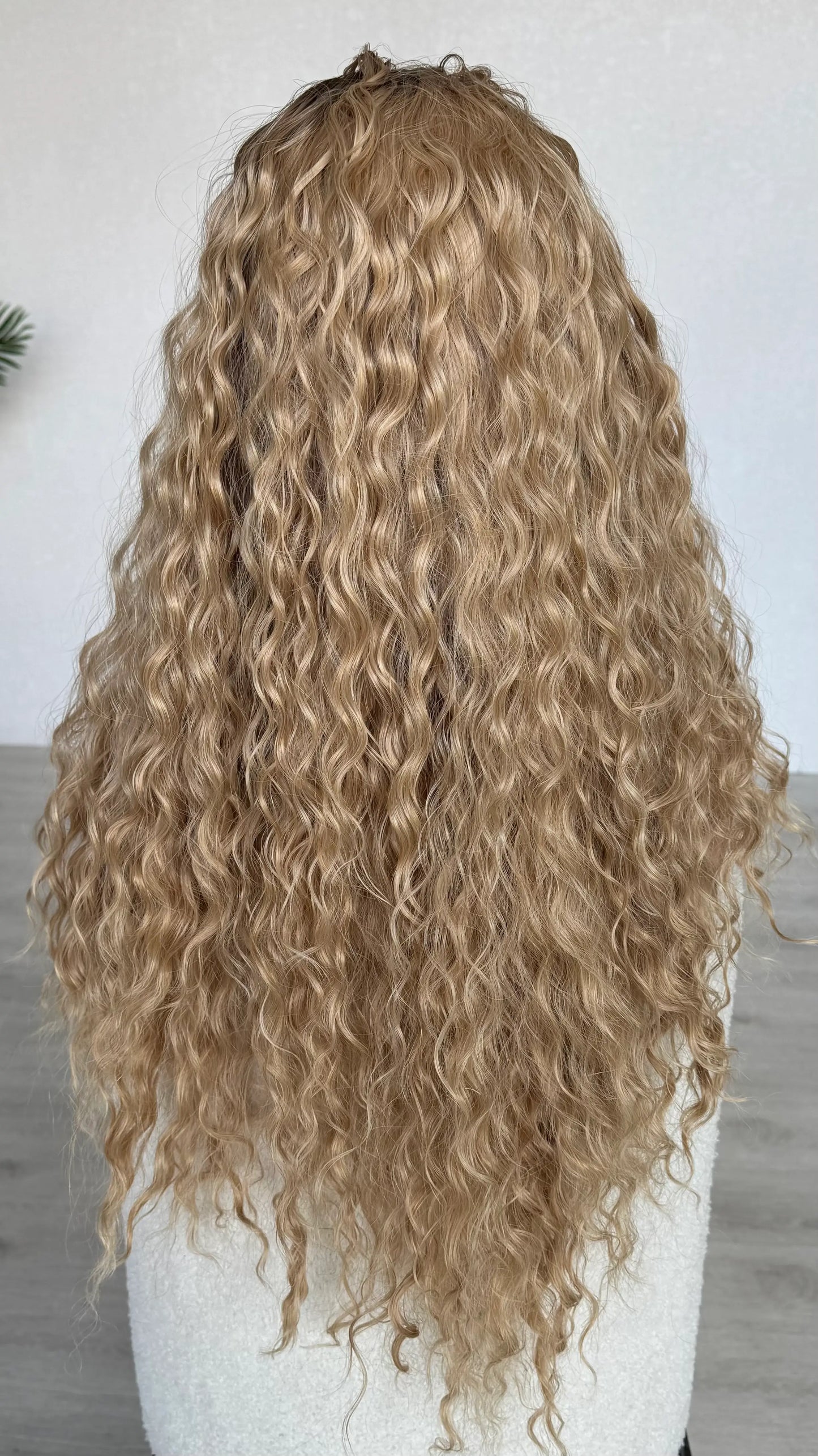 destiny wig from the back view, long curly hair, lacefront synthetic wig, heat safe.