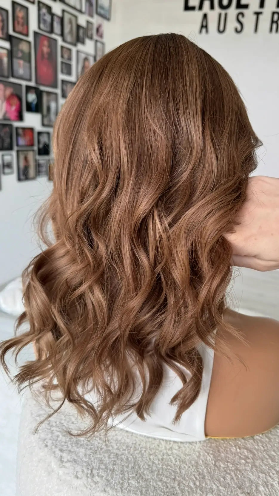 back view holding the hair, 16 inch length, wigs made in australia, brunette wig.