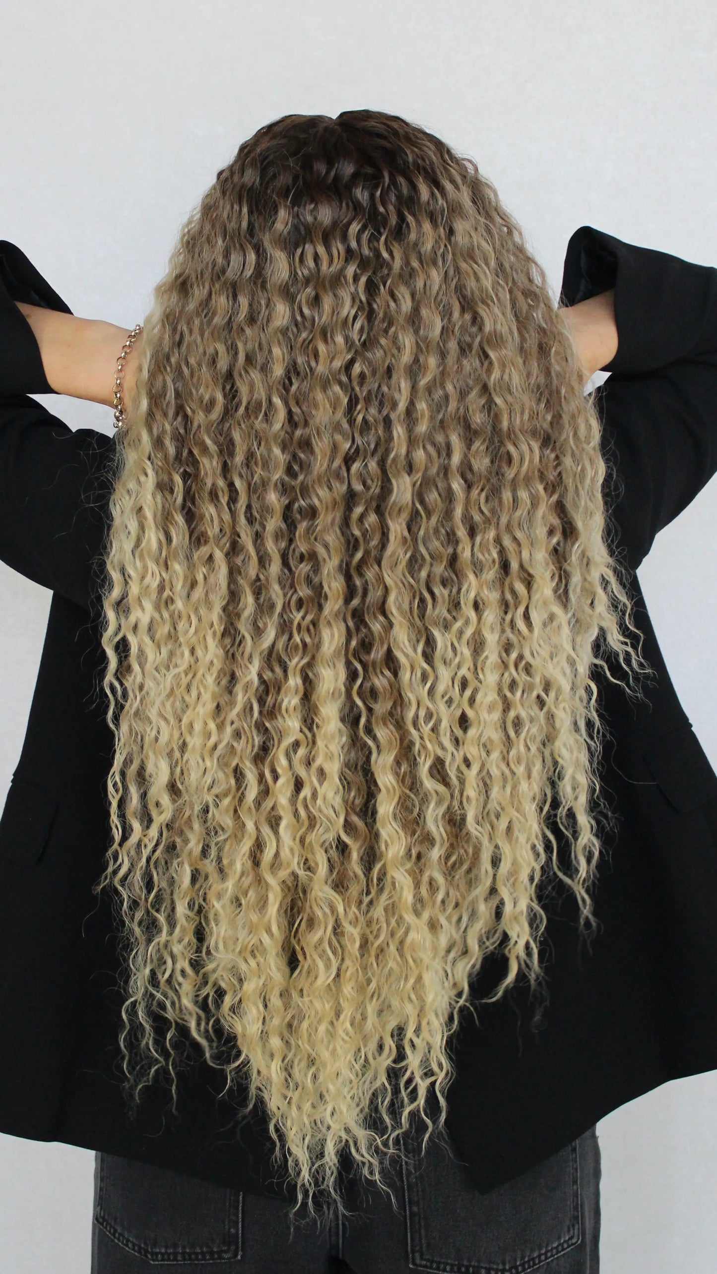 back view, long curly hair, lacefront synthetic wig australia.