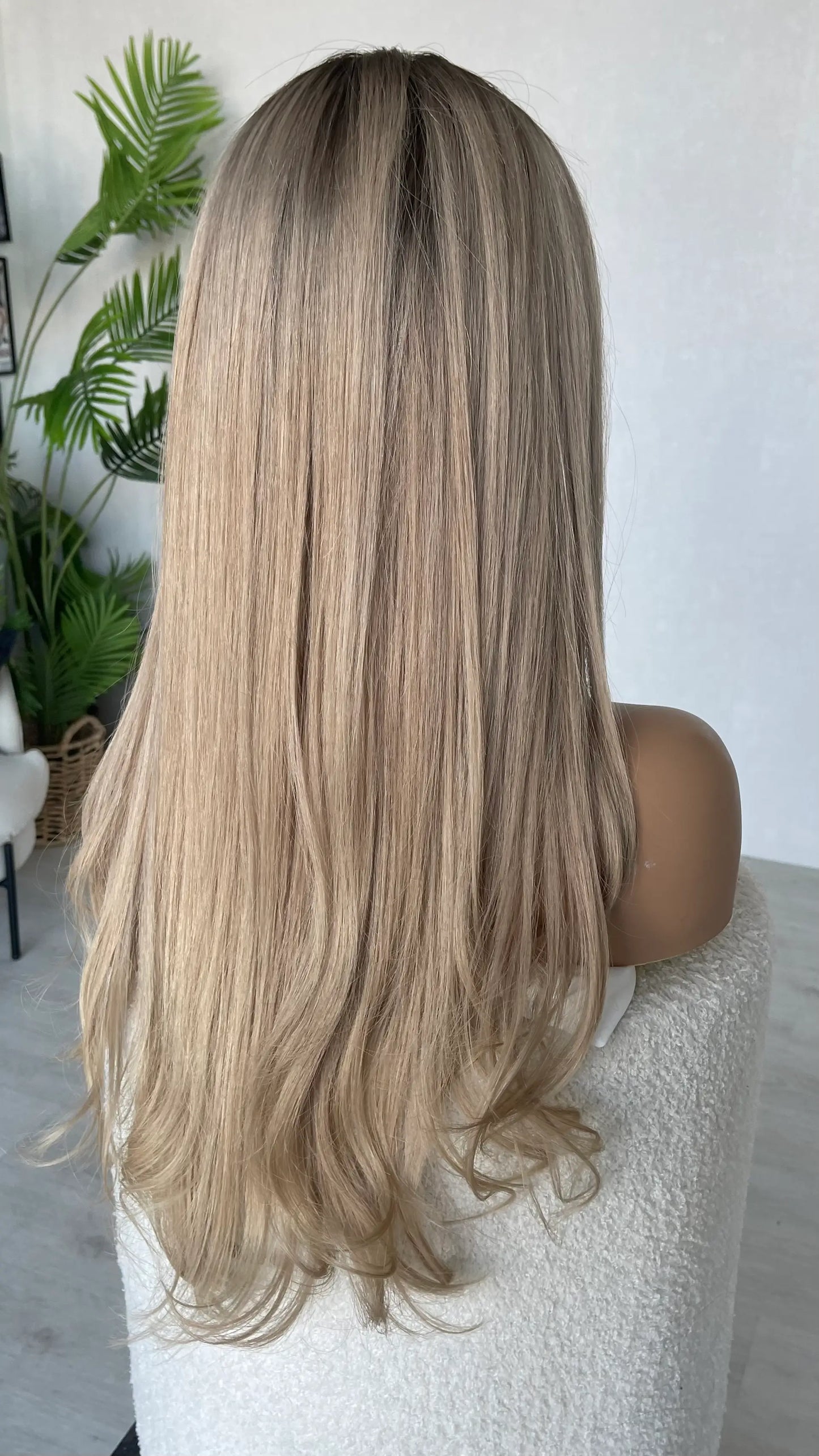 back view long ash blonde with dark root hair, lacefront wig australia.