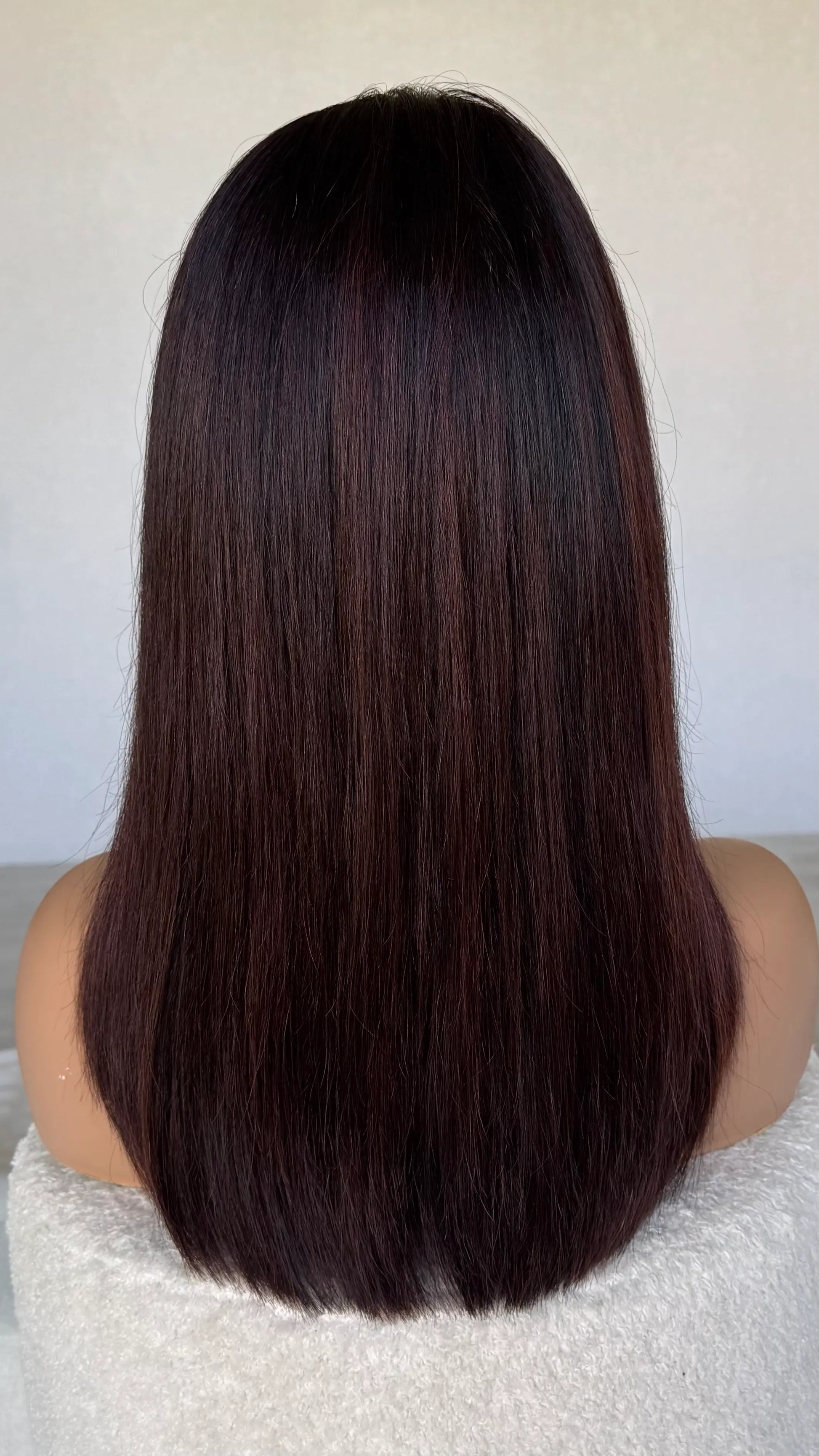 back view, dark brown with highlights hair, handmade wig, natural hair.