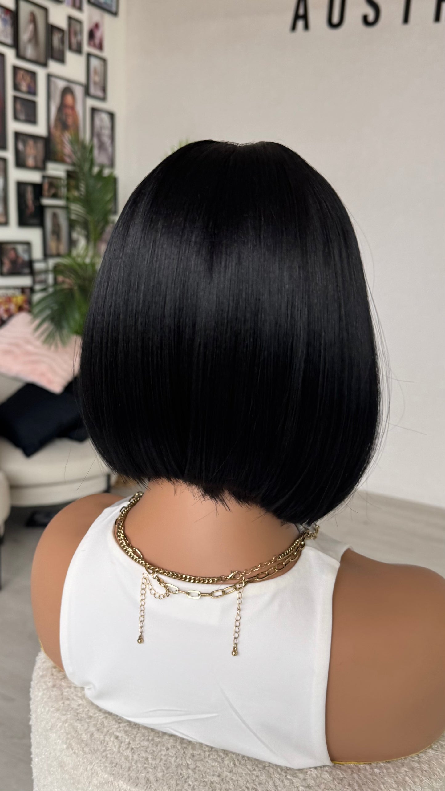 view of the back of wig, black 12 inch bob, blunt hair cut, synthetic wig australia.
