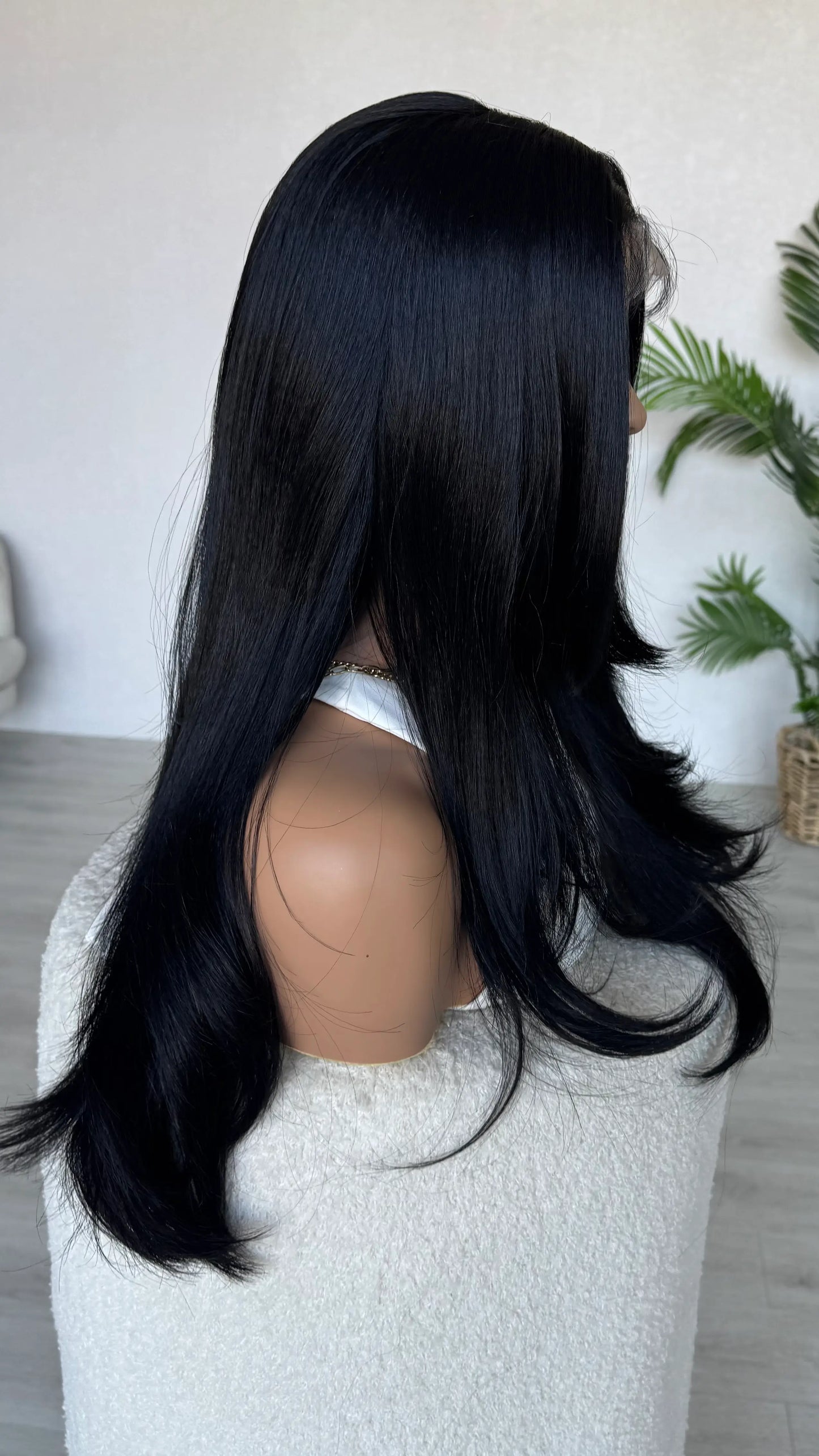 LONG BLACK hair side view, layered hair.