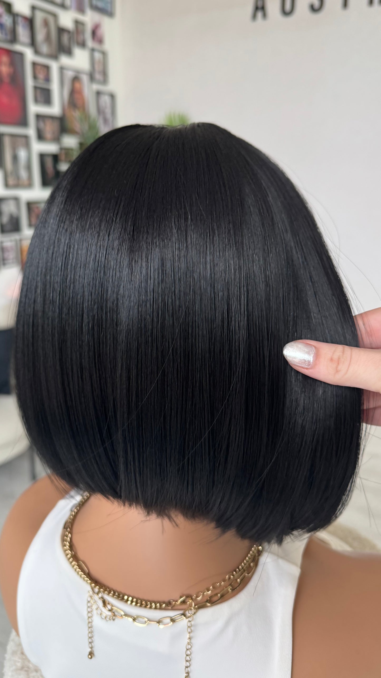 onyx wig, synthetic hair, heat safe, 12 inch length.