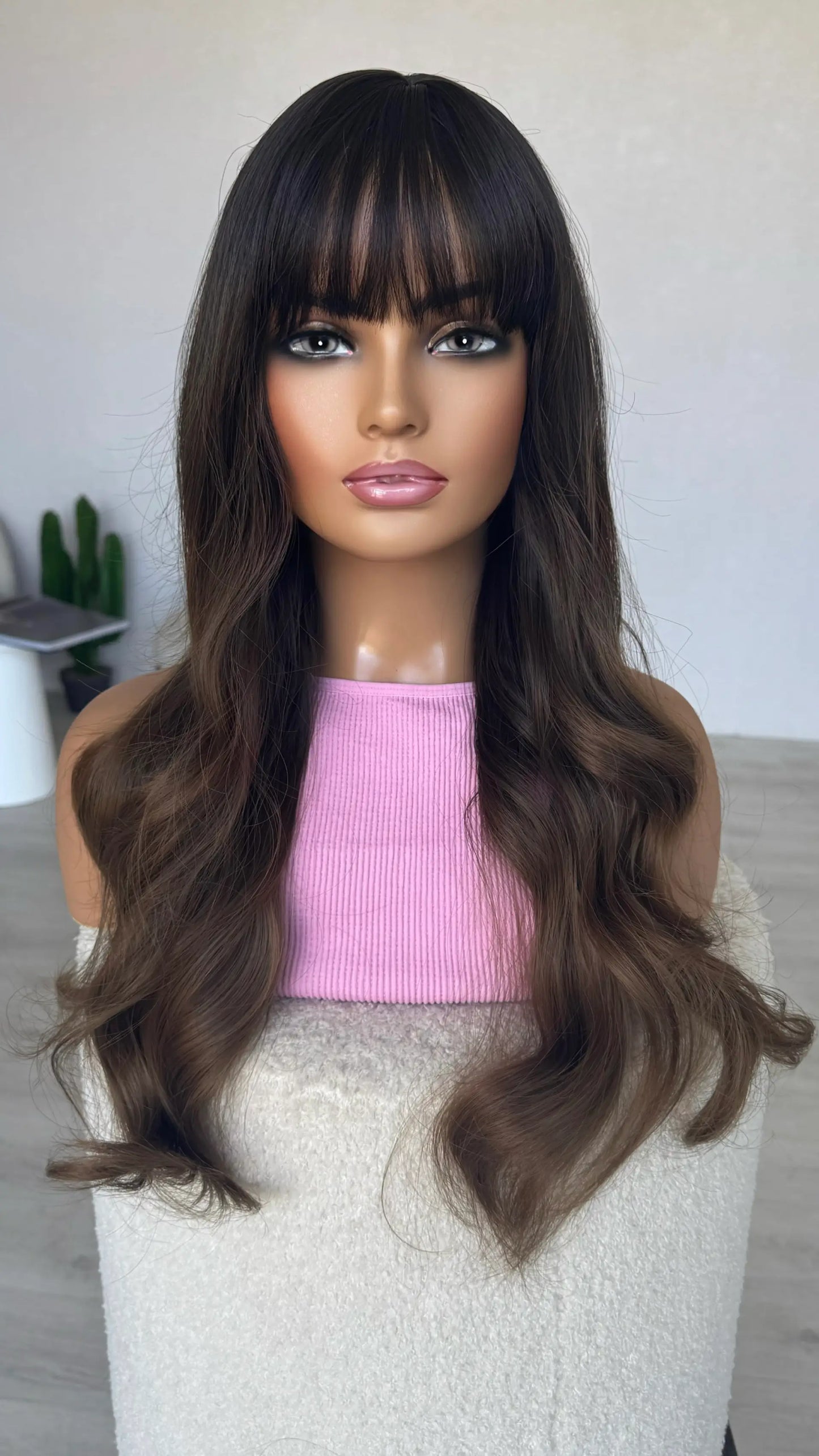 brunette ombre synthetic wig middle part with fringe.