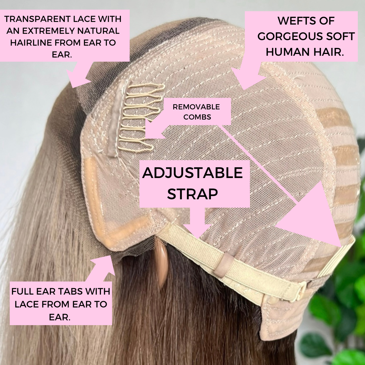 the inside of our wig cap featuring ear tabs
