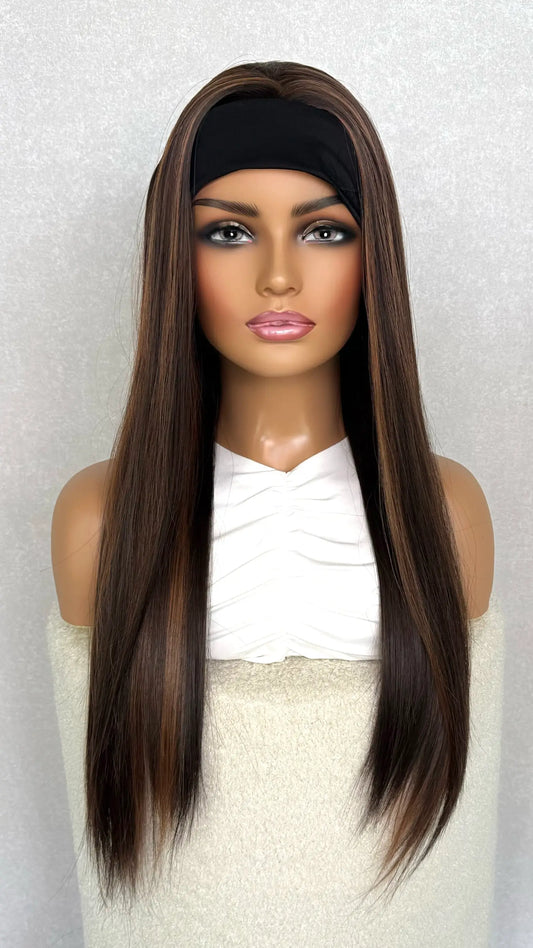 headband wig from the front view. stunning brunette with copper highlightds, heat friendly synthetic.