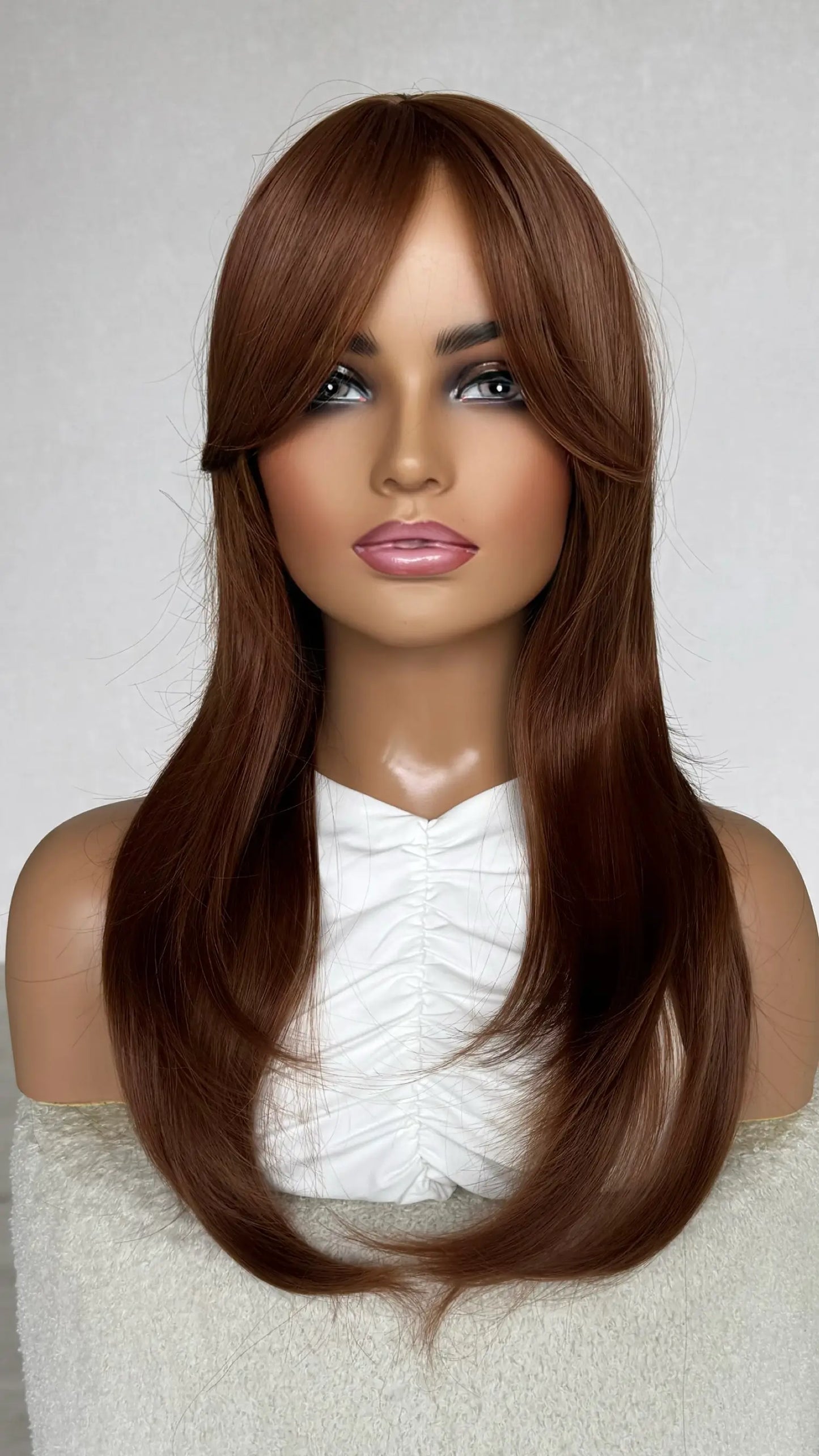 copper ginger wig, middle part with curtain bangs