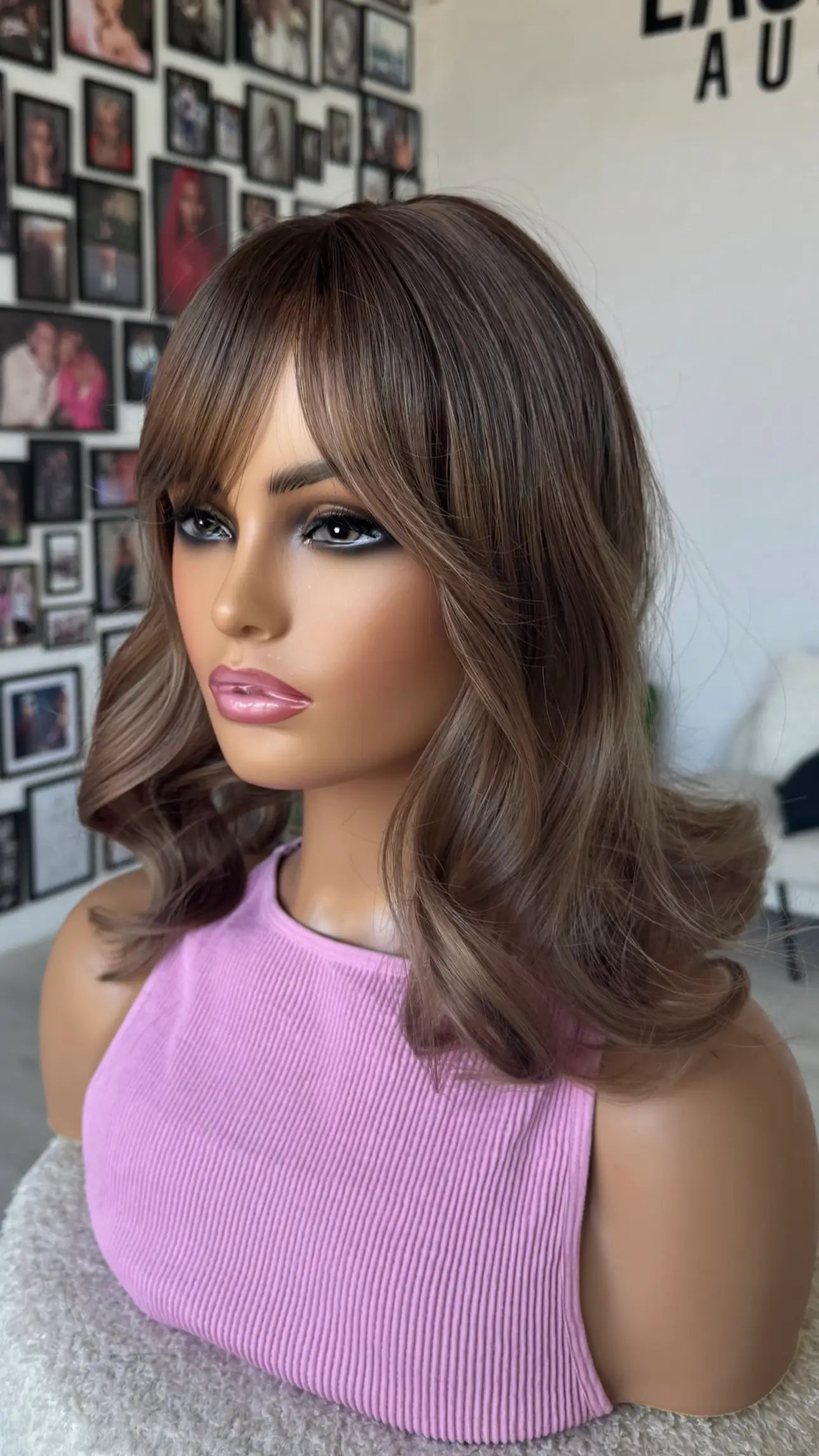 side view curled ends. darker root synthetic wig australia.