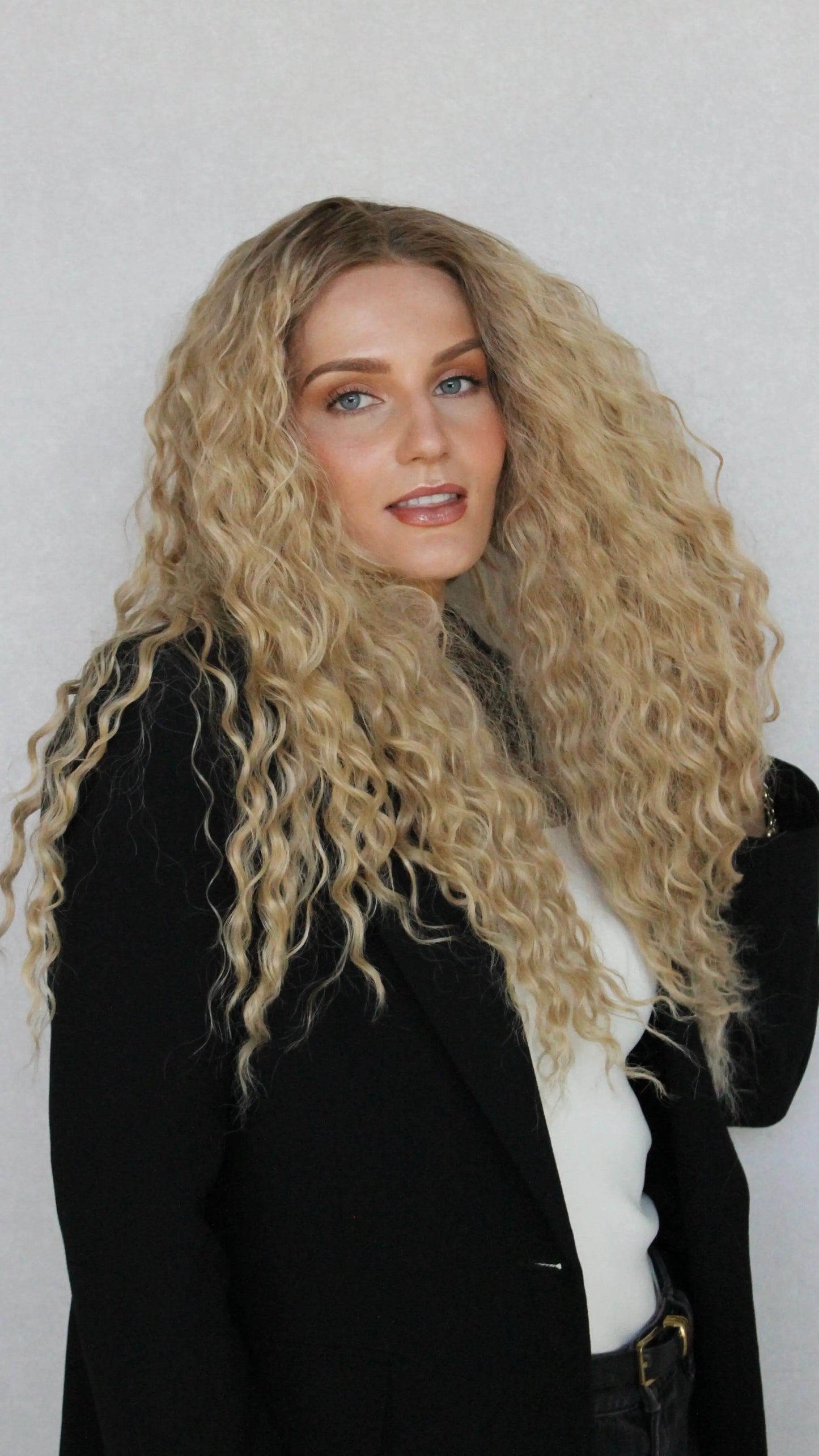 lacefront long blonde curly hair, synthetic wig australia, long hair with curls, blonde colour with root.