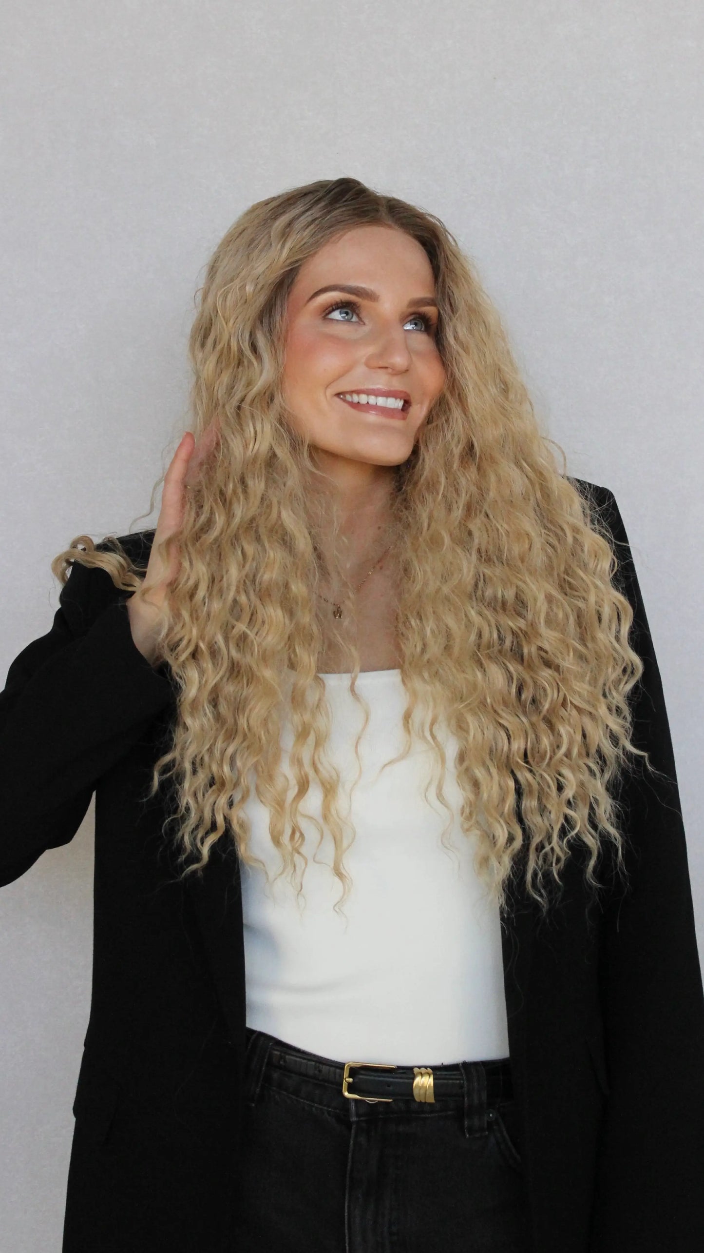 long curly hair lacefront wig, synthetic hair heat safe, long blonde curls.
