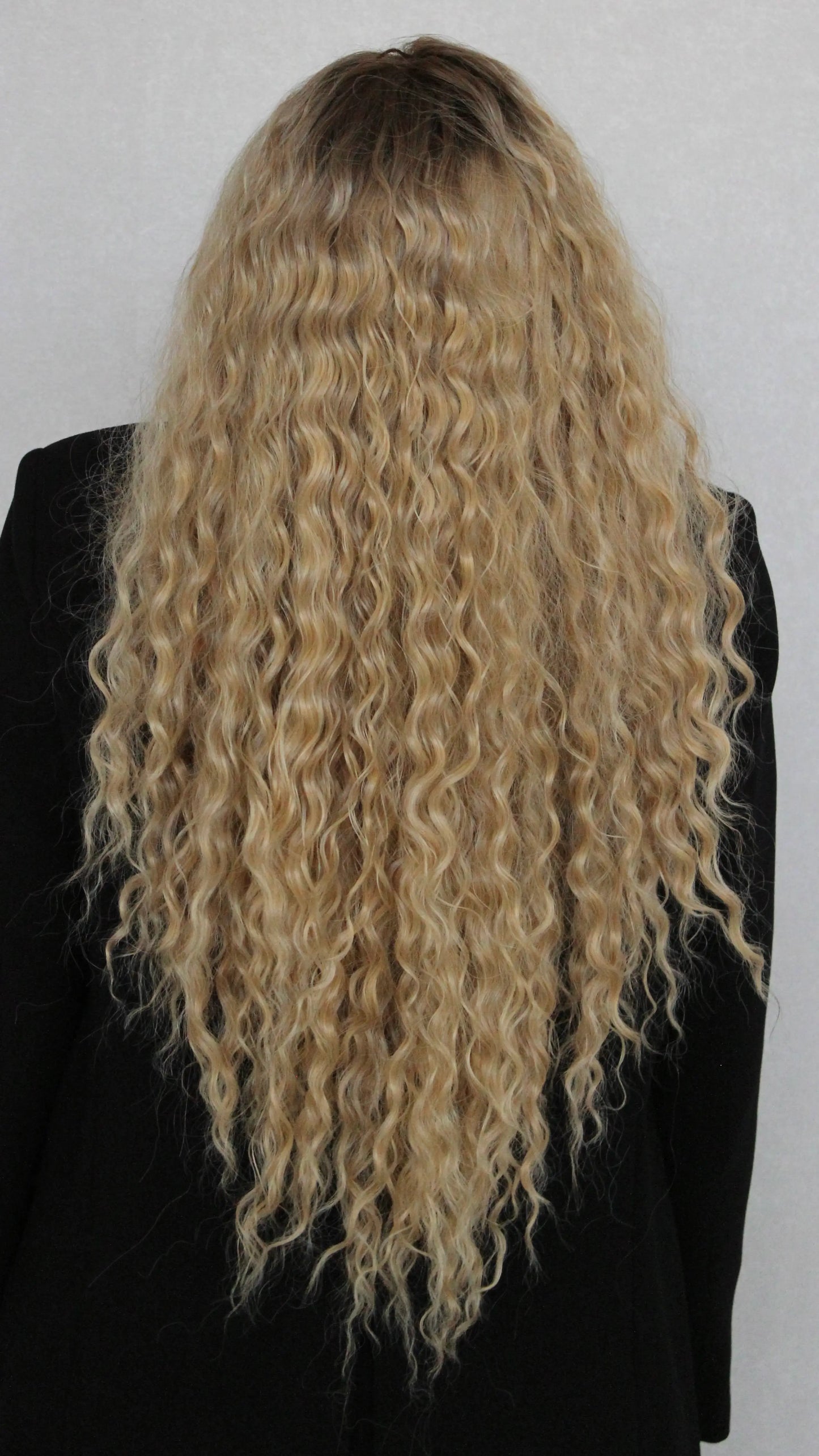 back view long lacefront wig, curly blonde hair with root.