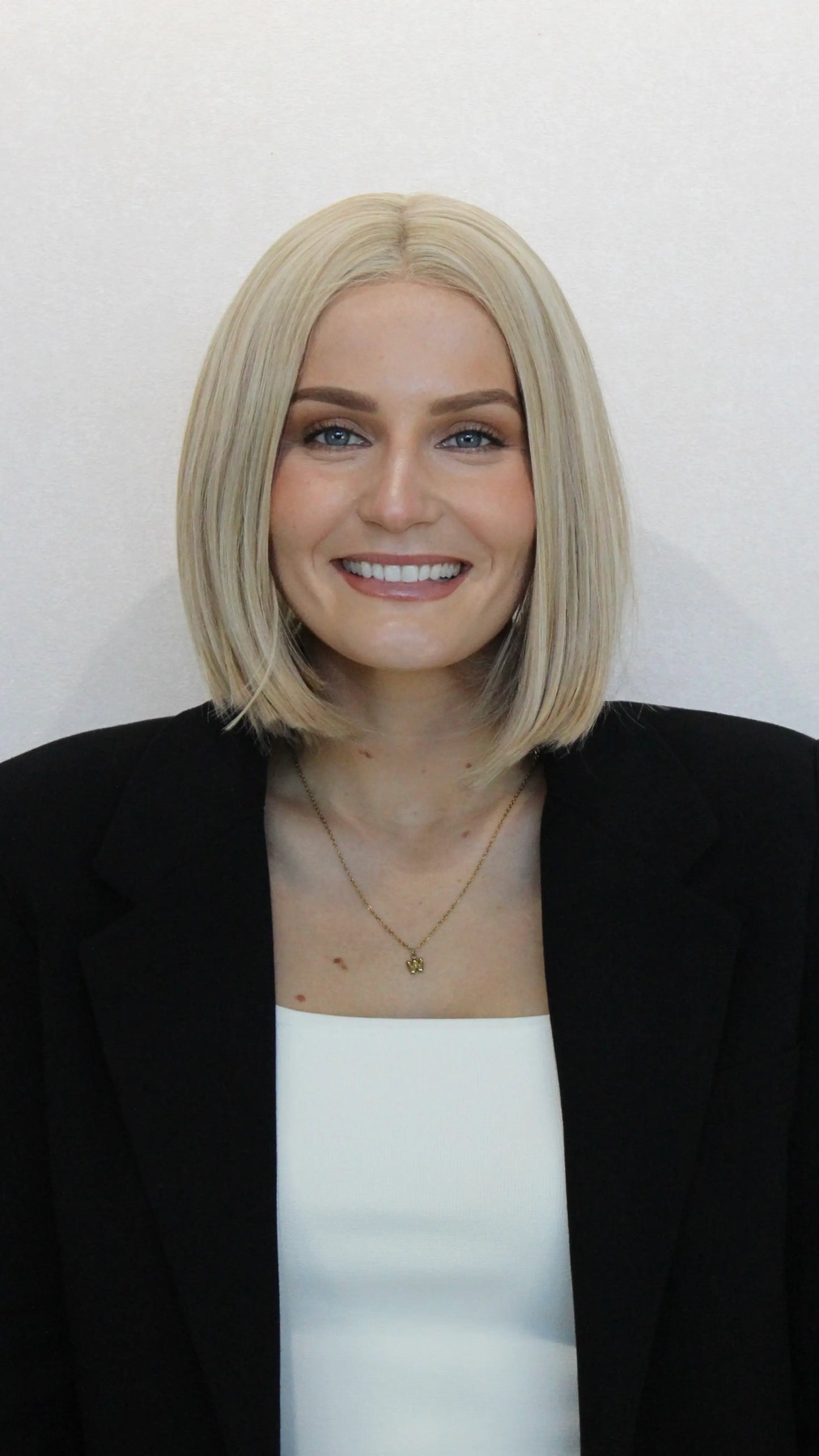 heat safe synthetic hair, 10-12 inch length, middle part, light blonde hair colour.