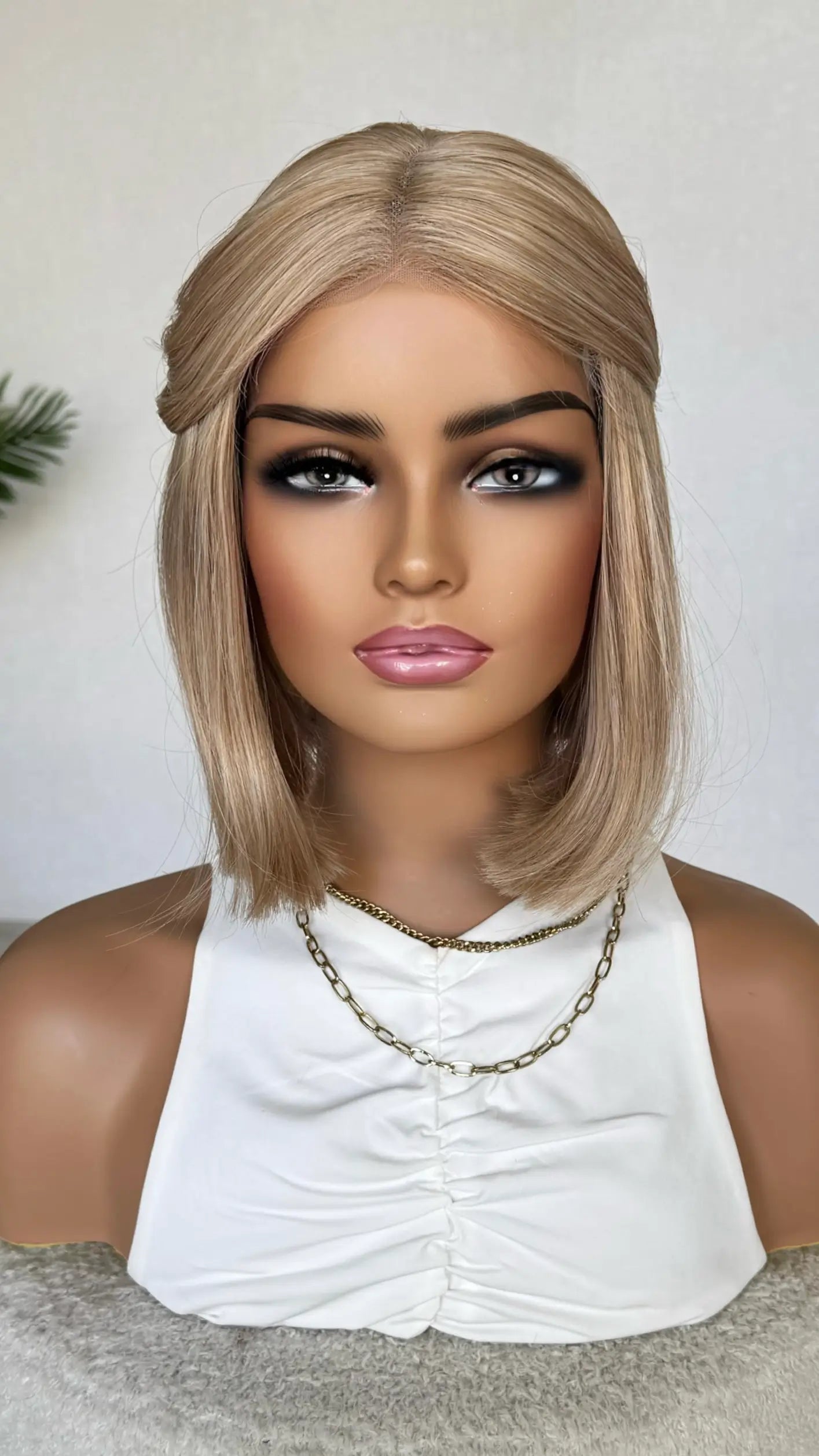 12 inch blonde bob wig, lacefront wig australia. tied back.