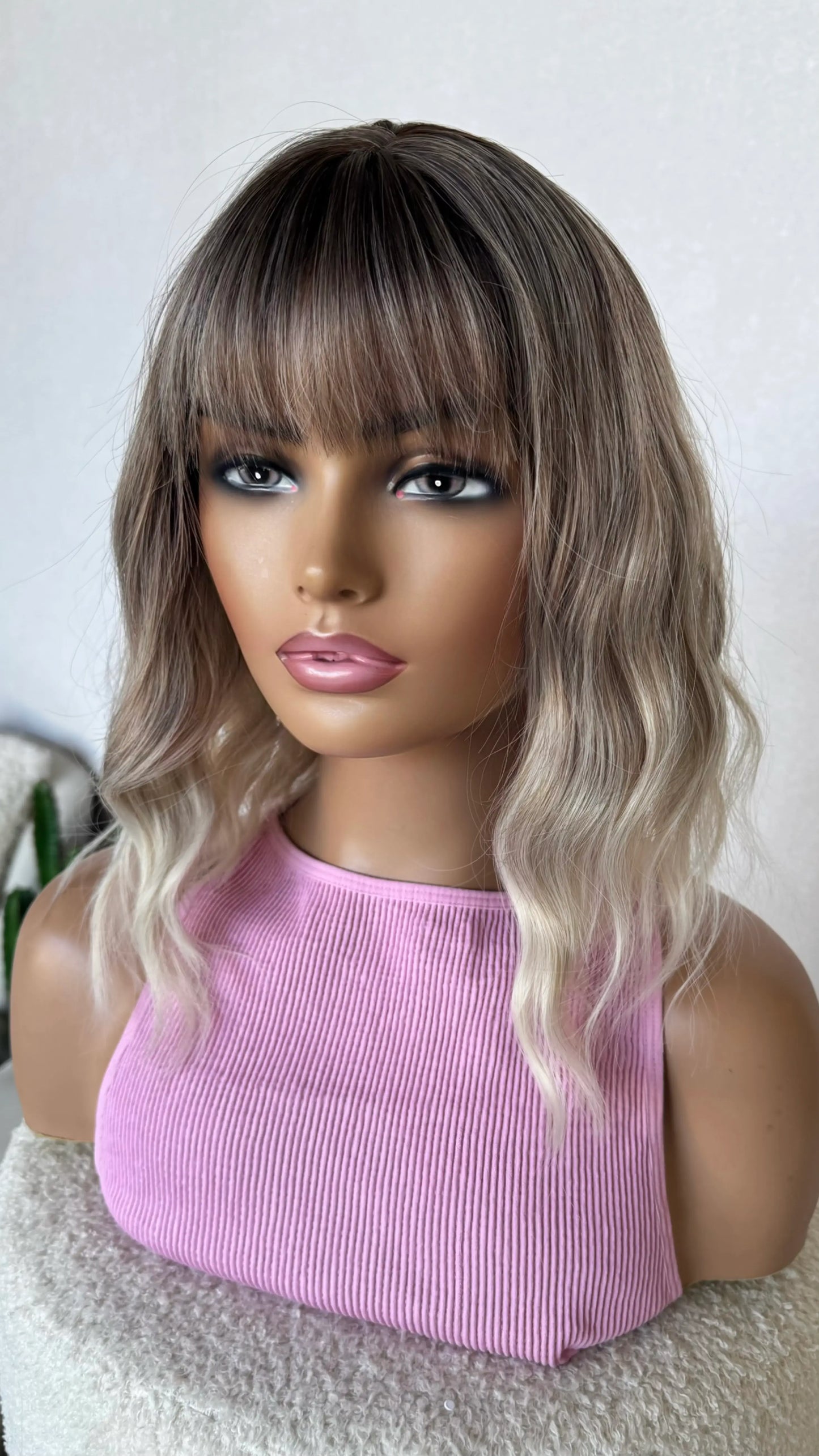 june synthetic wigm australia heat safe sythetic wigs, dark root to ombre ash blonde.