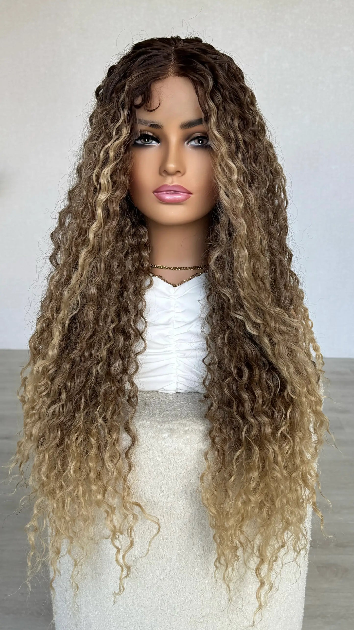 brunete curly ombre wigs, t-part lace with baby hairs. long length hair, heat safe synthetic.