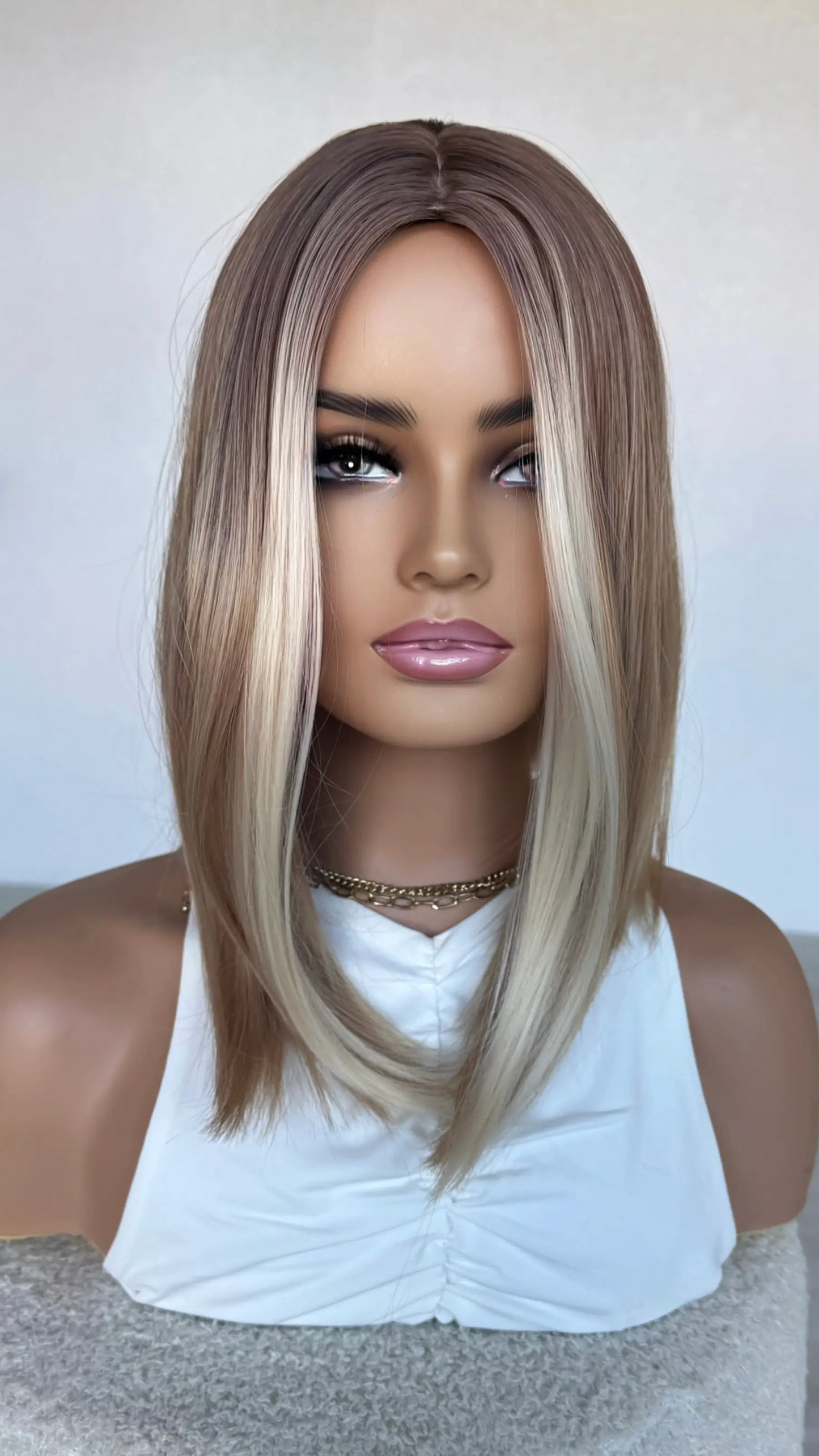 front view, middle part, ombre bob wig, heat safe synthetic.
