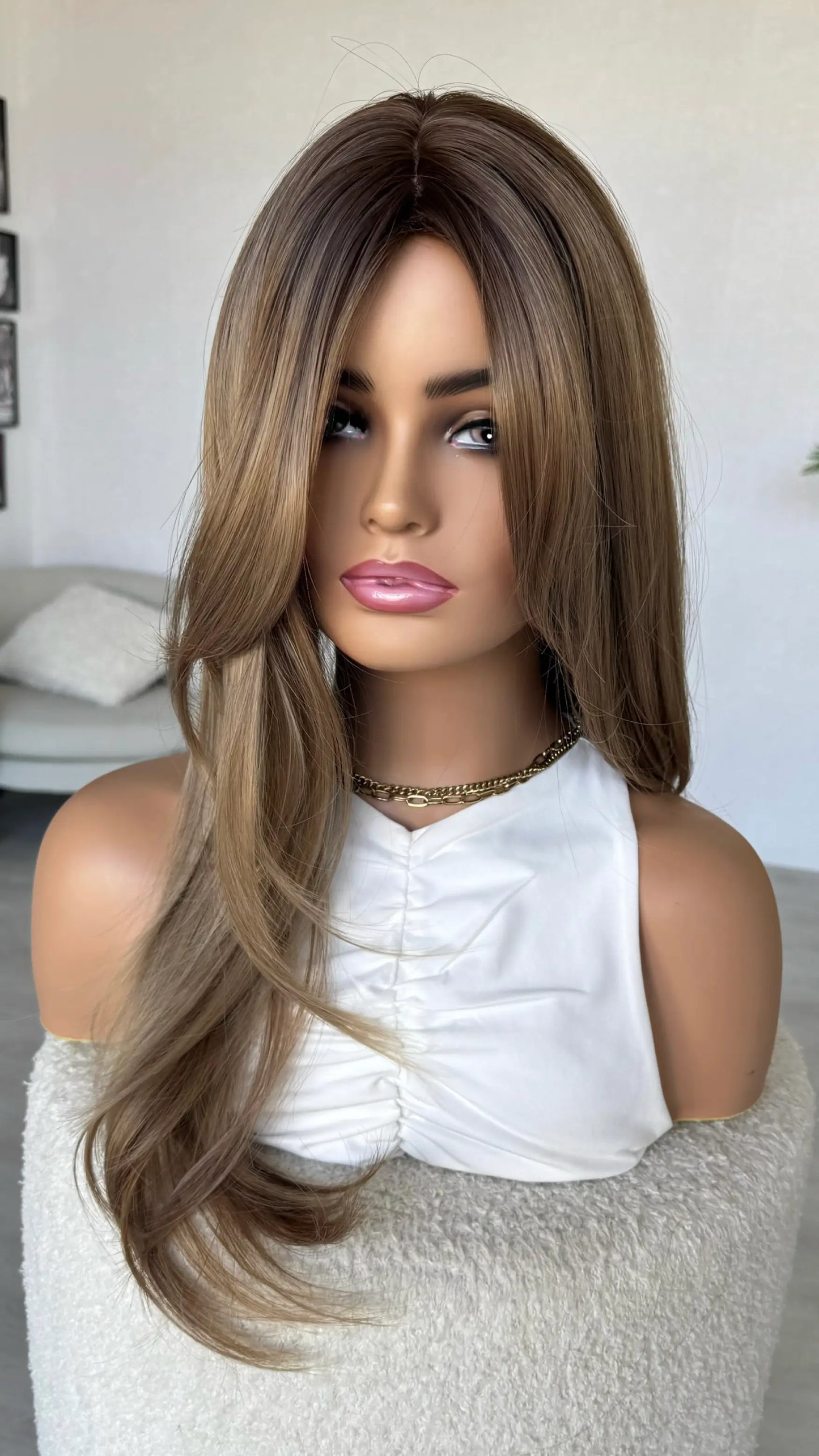half hair back , blonde ombre wig with curtain bangs and middle part, australia wigs.