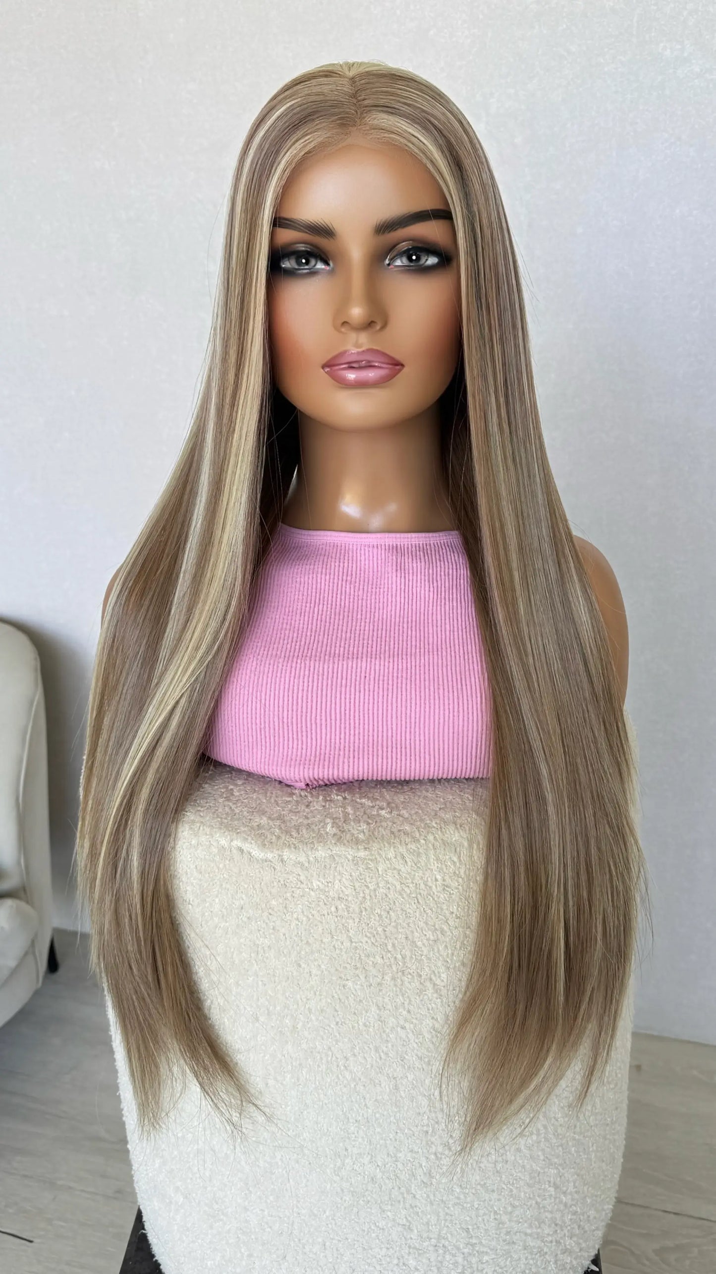 straight long hair, middle part, highlighted blonde synthetic australia.