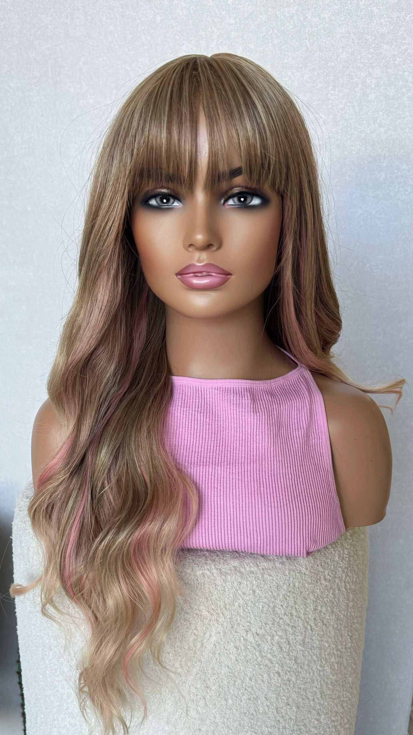 wavy pink and blonde fringe wig australia synthetic wigs, heat safe and glueless.