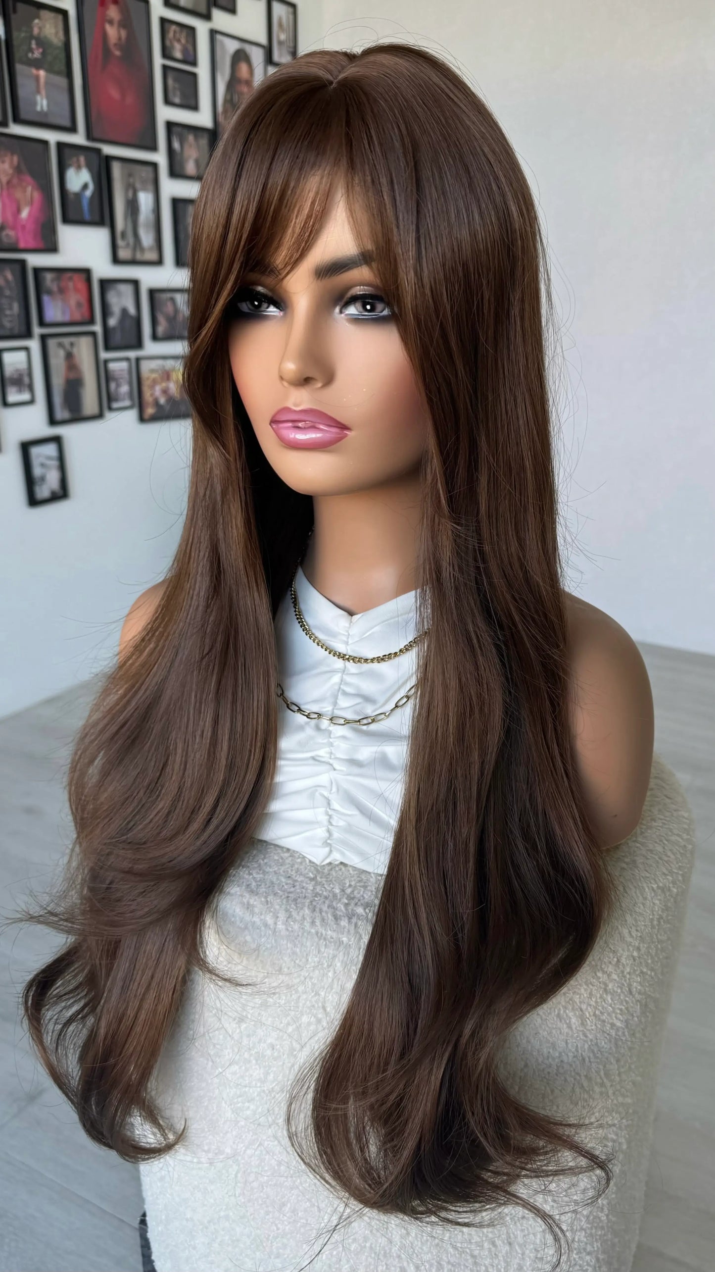 fringe brown hair wig middle part, long hair.
