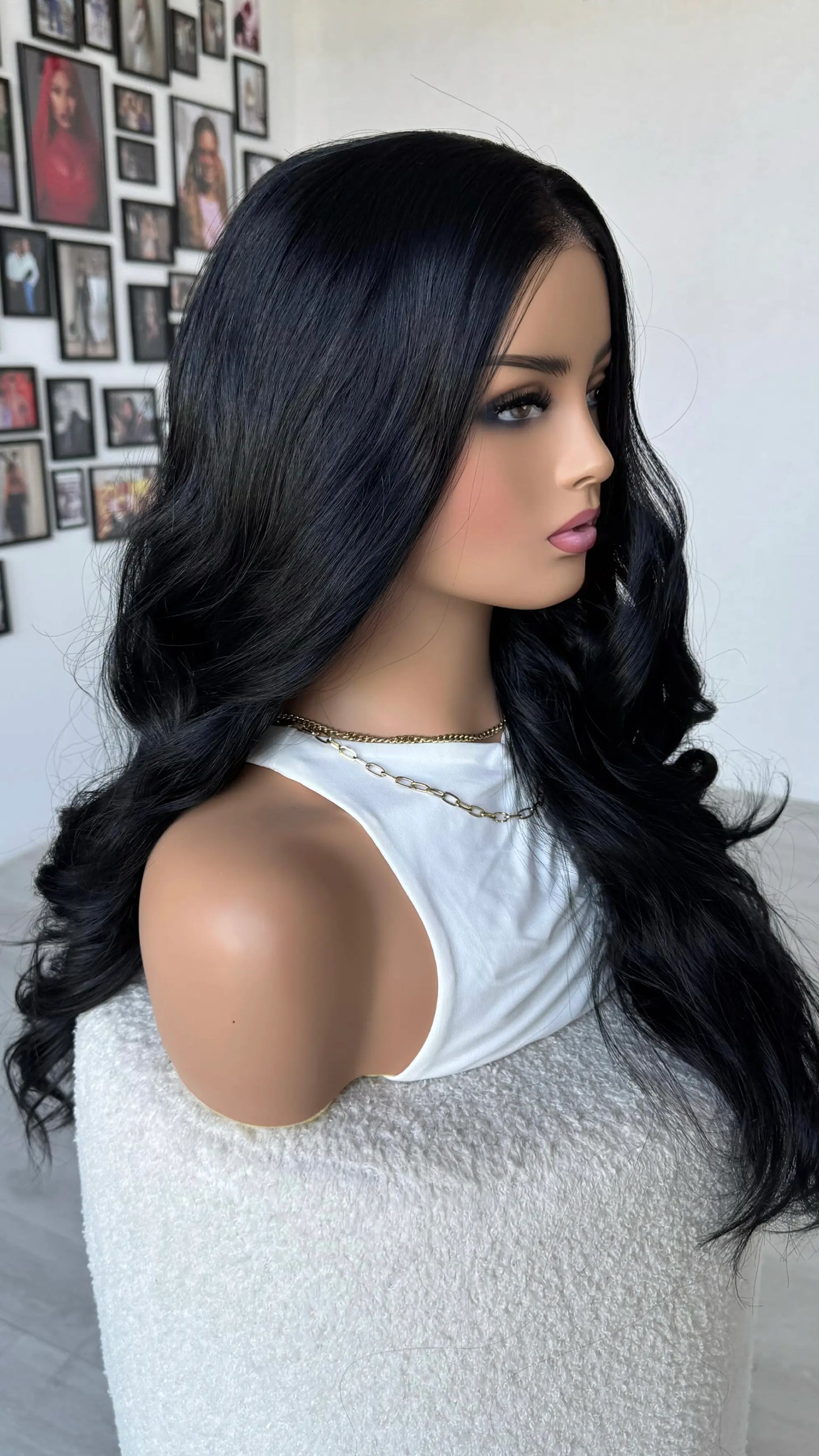 wavy black lacefront wig, middle part, heat safe.