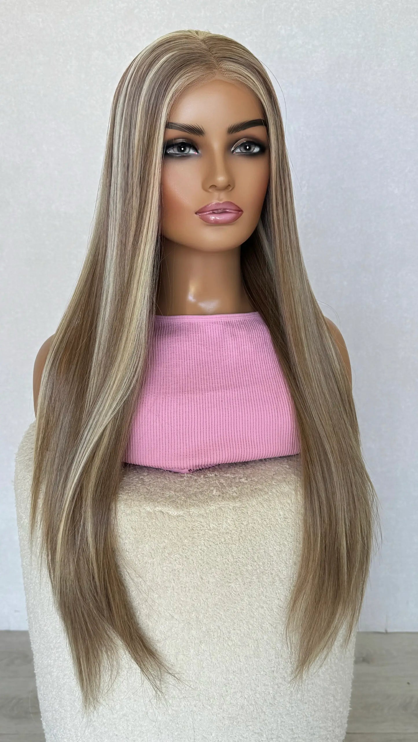 middle part mixed blonde wig with blonde highlights, heat safe synthetic hair wig australia.