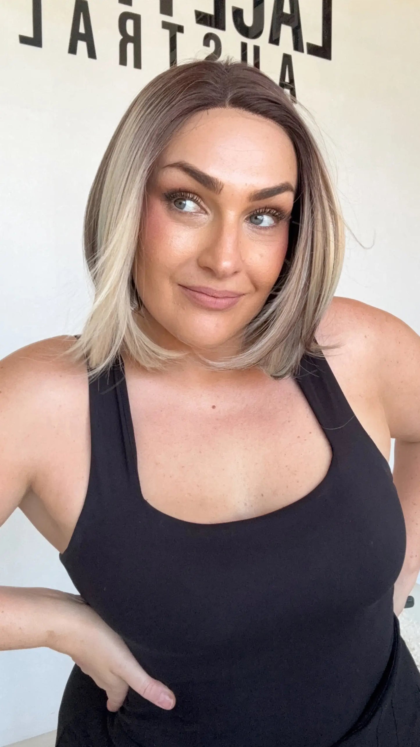 highlighted brunette bob left side part, bob length synthetic glueless wig, heat safe hair. gold coast australia.