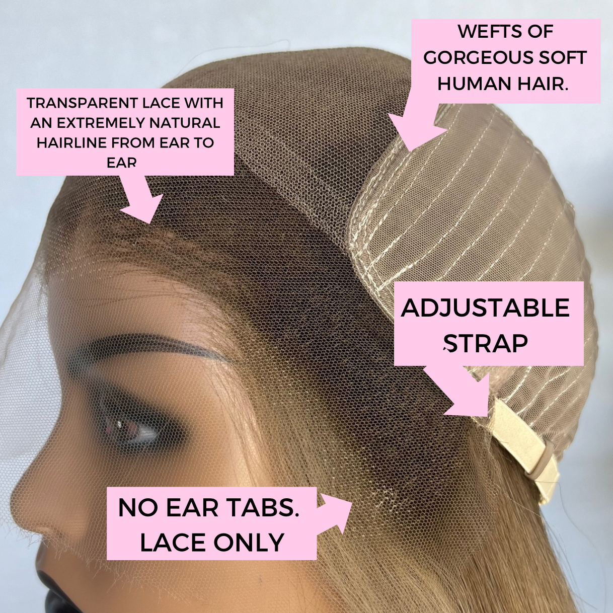 no ear tabs, lace ear to ear, inside cap of lacefront wig.