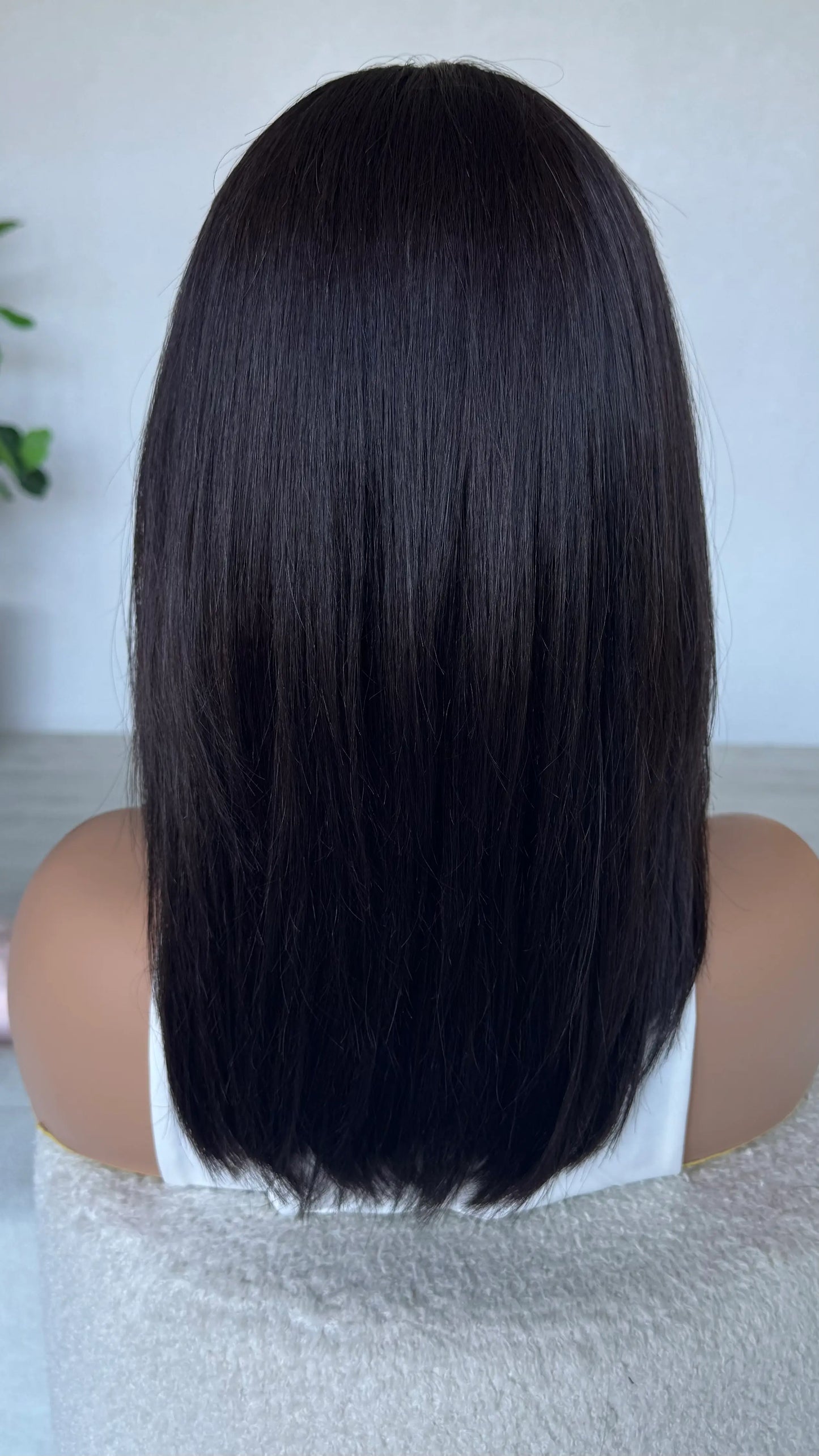 16 inch dark brunette wig, straight cut wig. lacefront wig, natural hair.