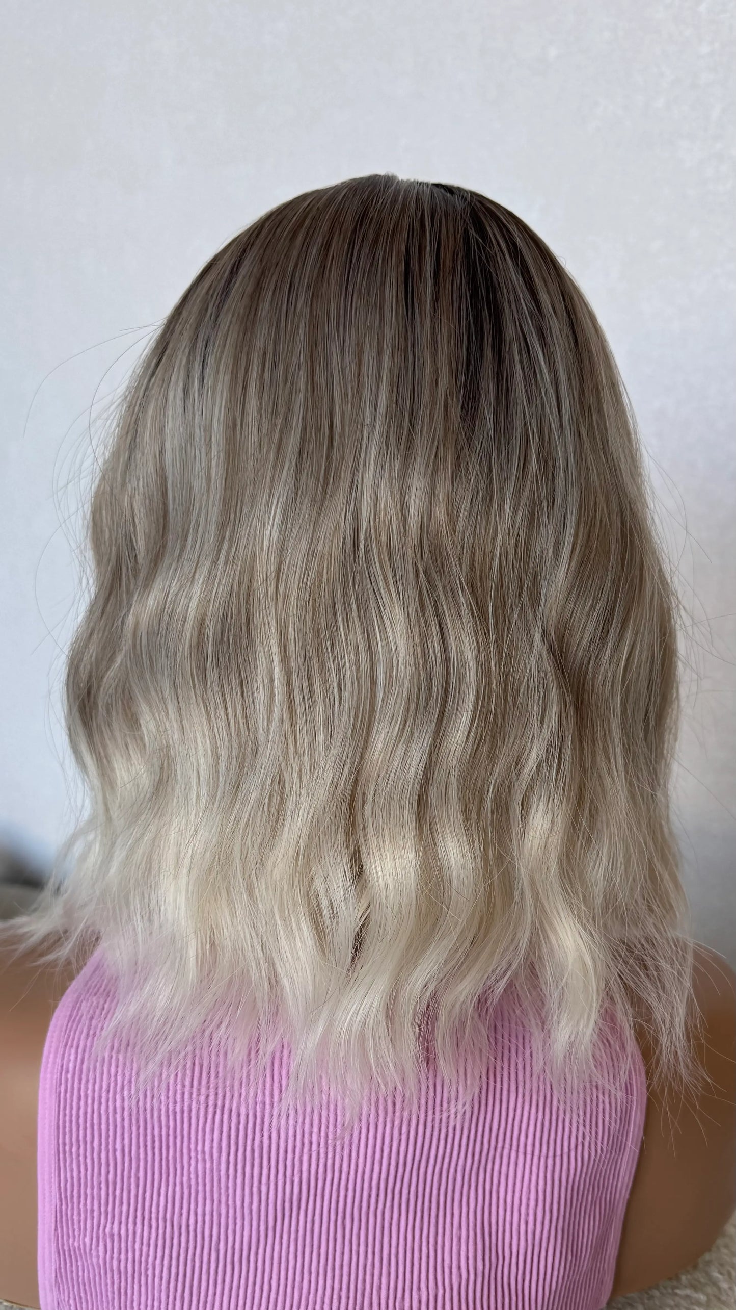 dark root to ash ombre blonde wavy fringe bob wig.