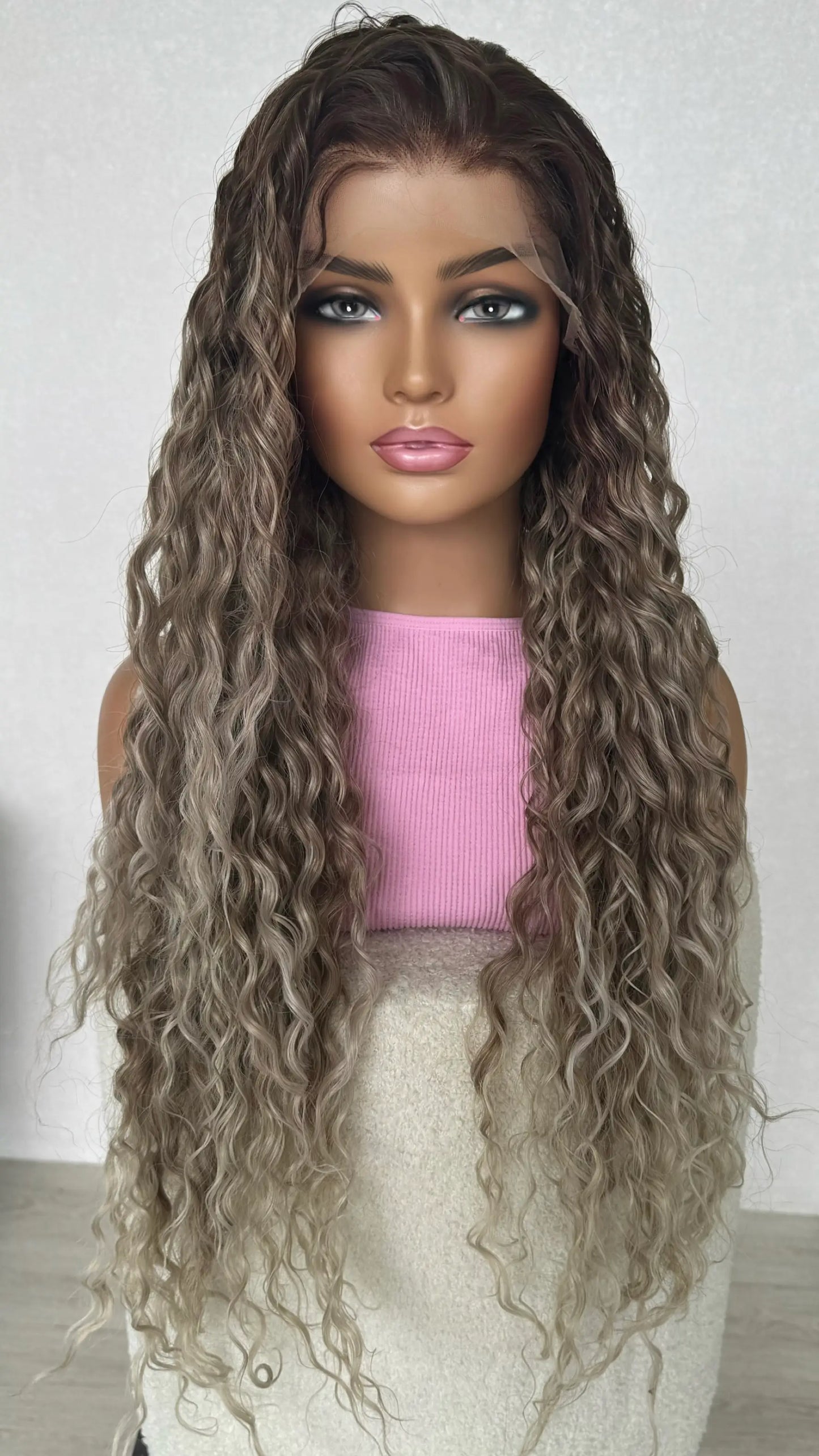 Ash ombre curly hair lacefront wig australia, heat safe synthetics