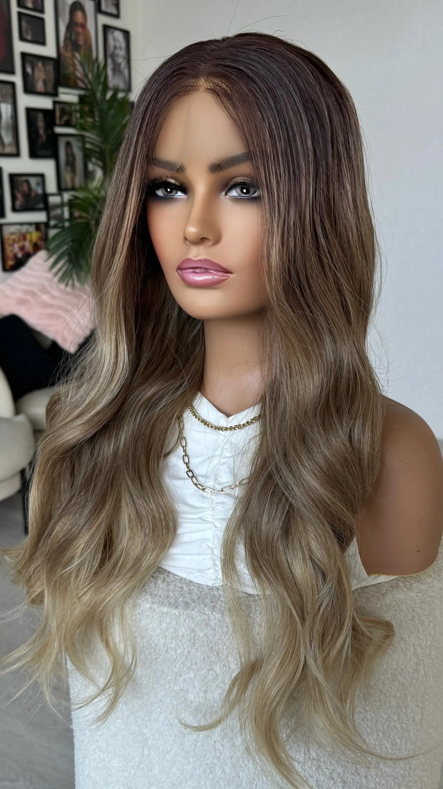 lacefront ombre blonde middle part, long hair with waves. ombre blonde colour, heat safe synthetic hair.