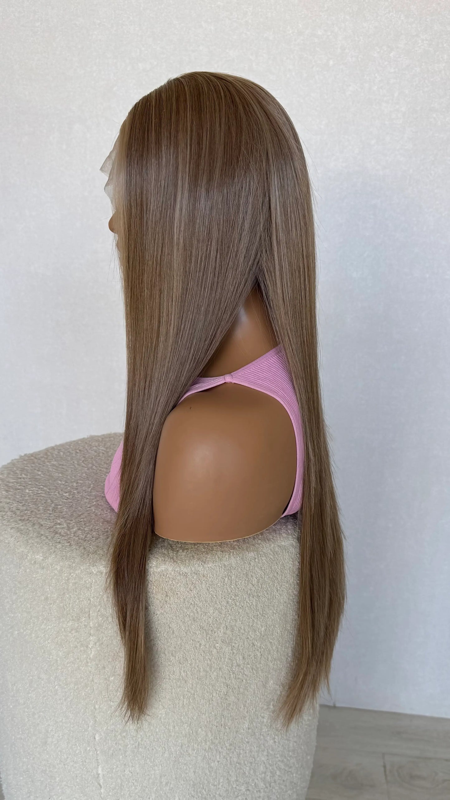 long length hair, side view, dark golden blonde hair with soft highlights.