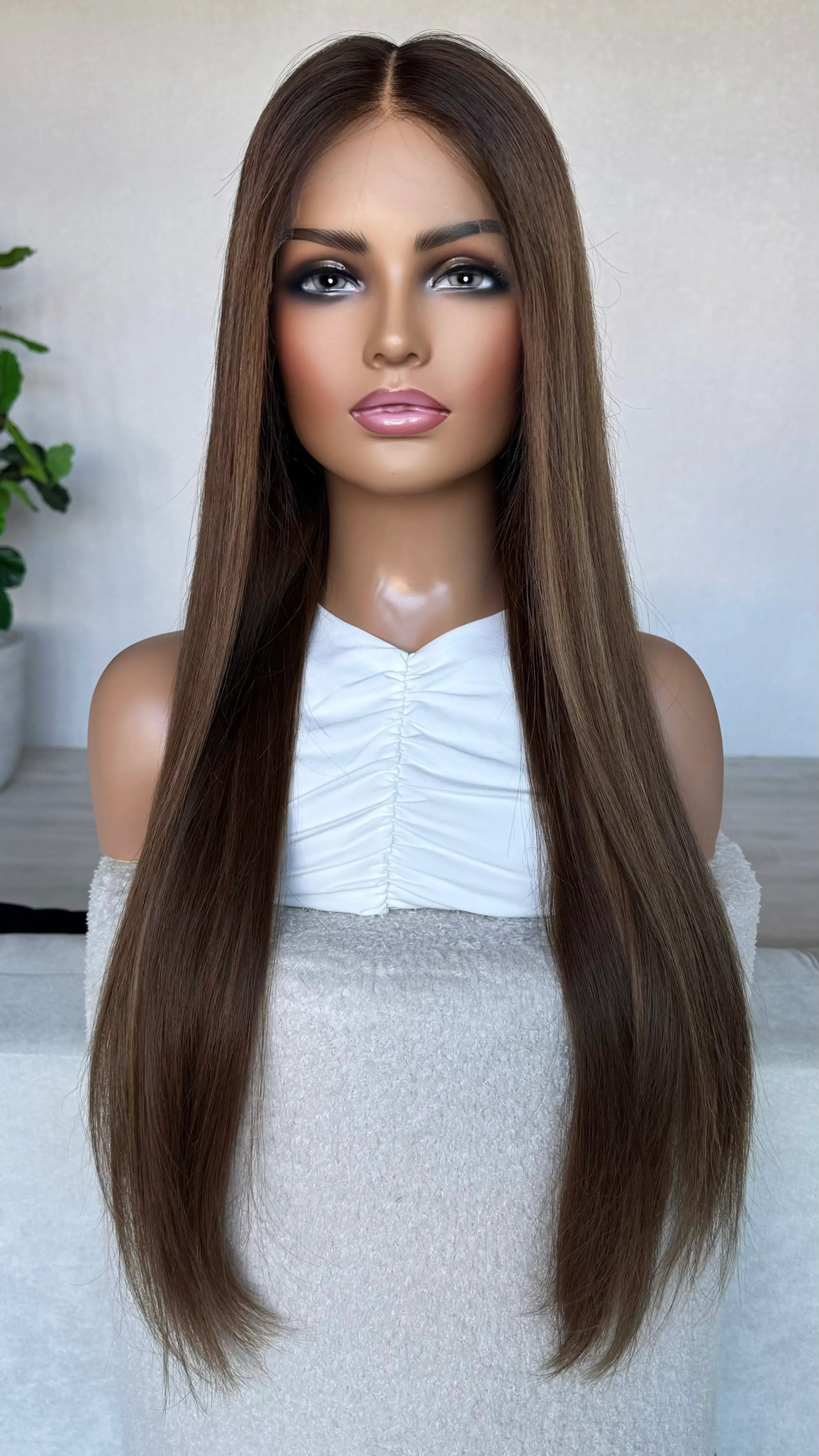 brunette long wig, golden undertones