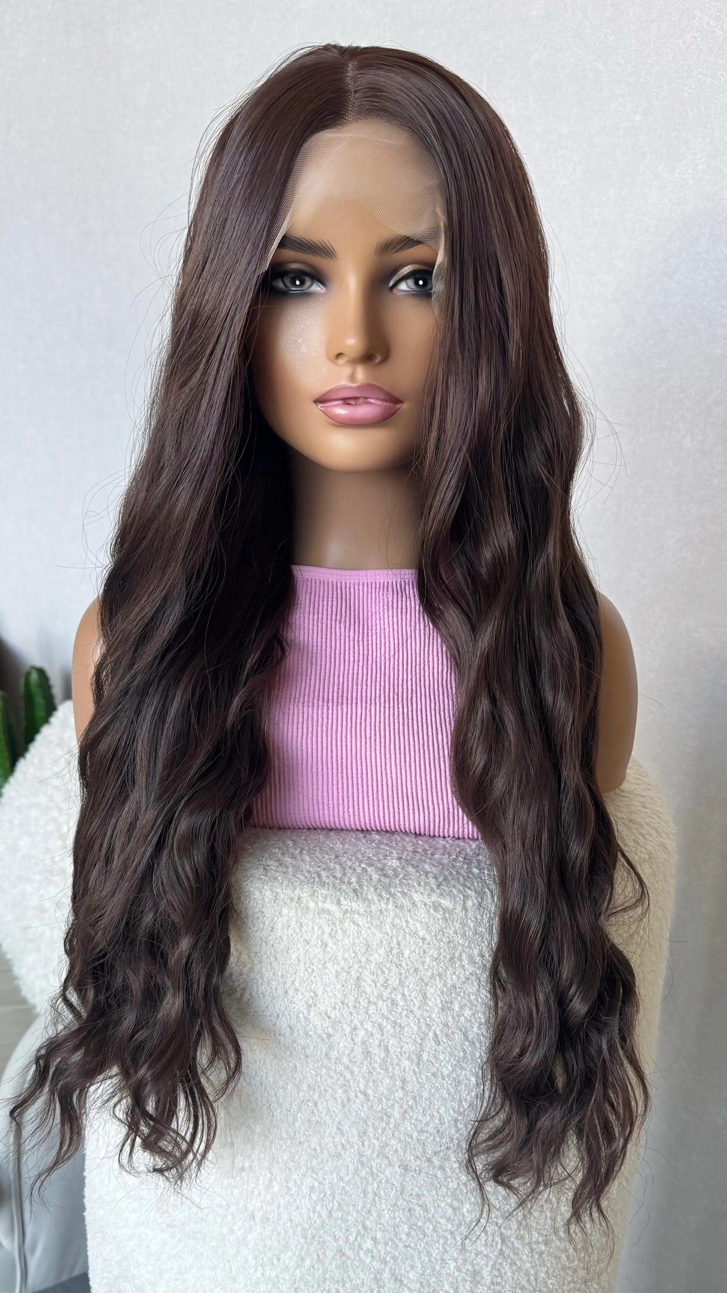 plum brunette lacefront wig, wavy hair.