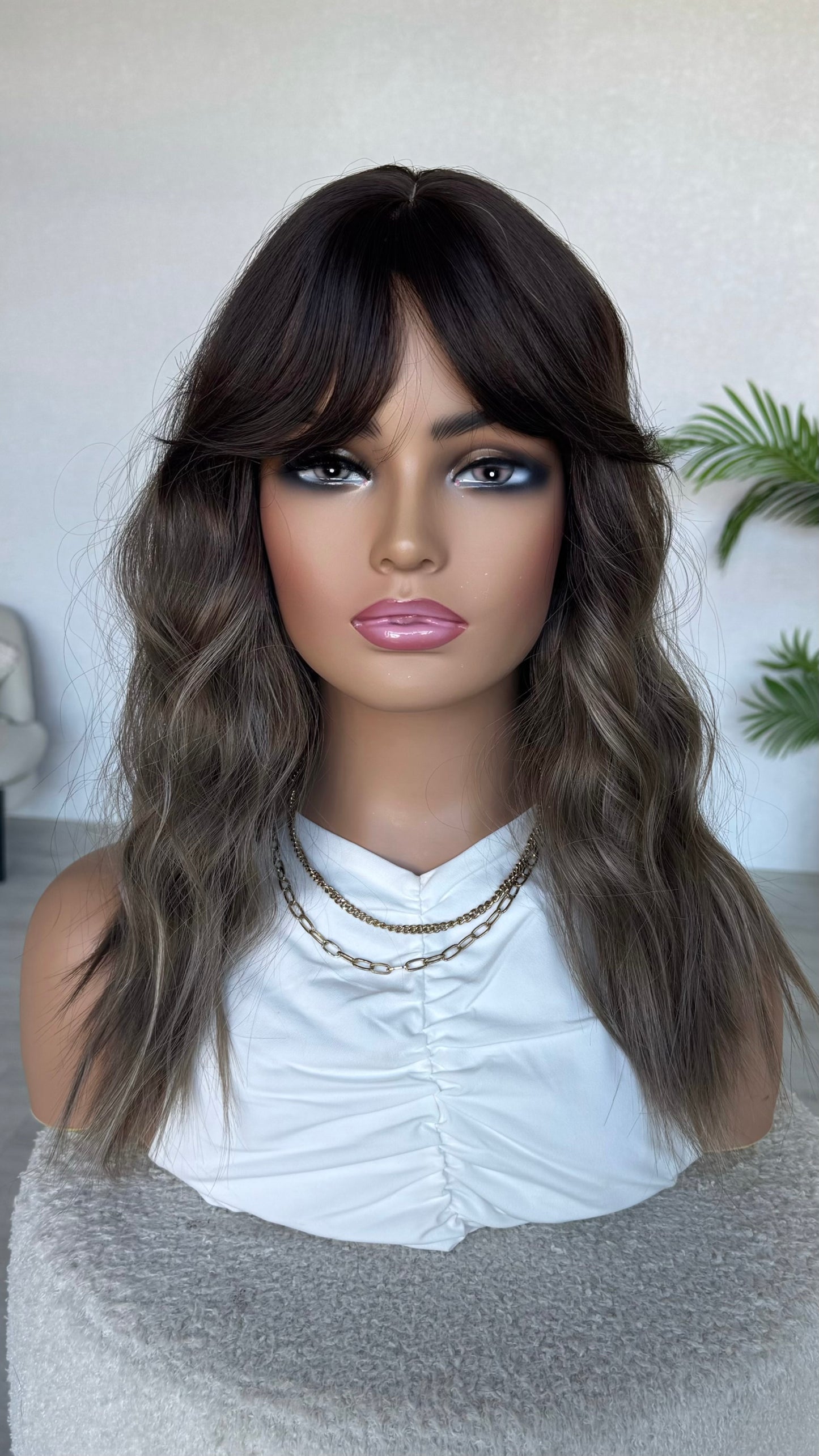 ash brown hair curtain bang wig