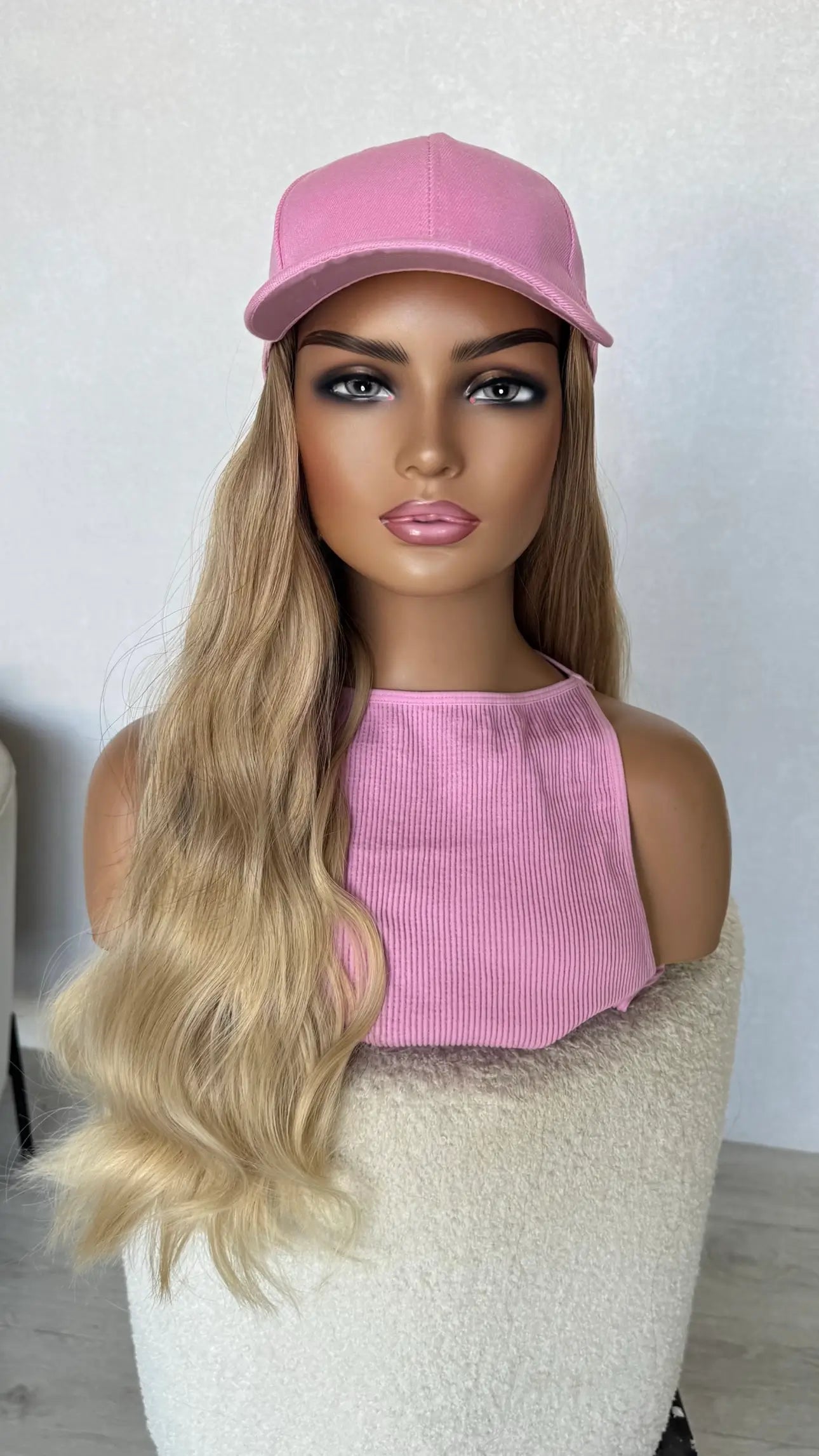 hat wig with blonde hair half forward half back, heat safe synthetic hair australia.